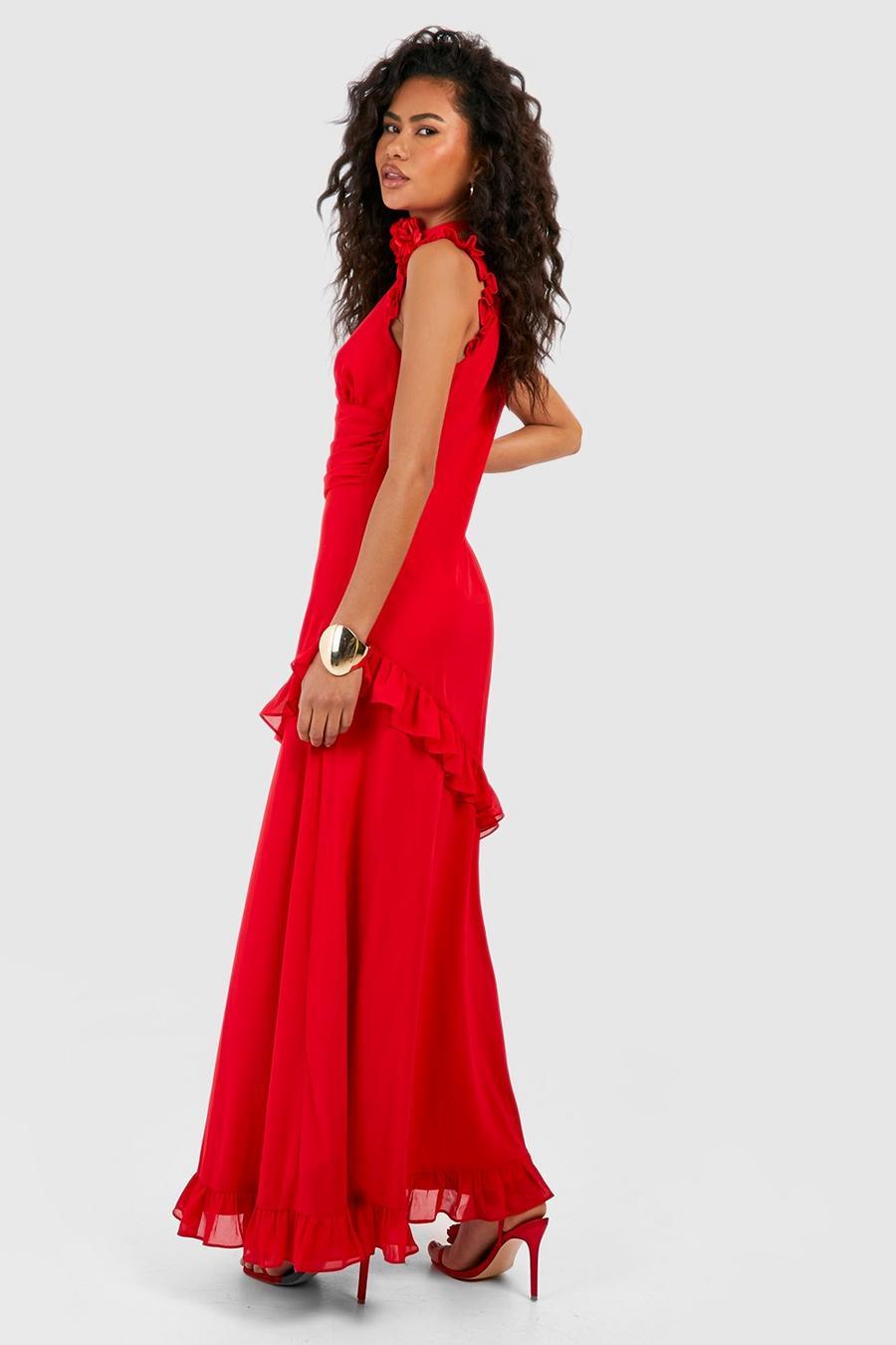 czerwona maxi sukienka falbany rozporek