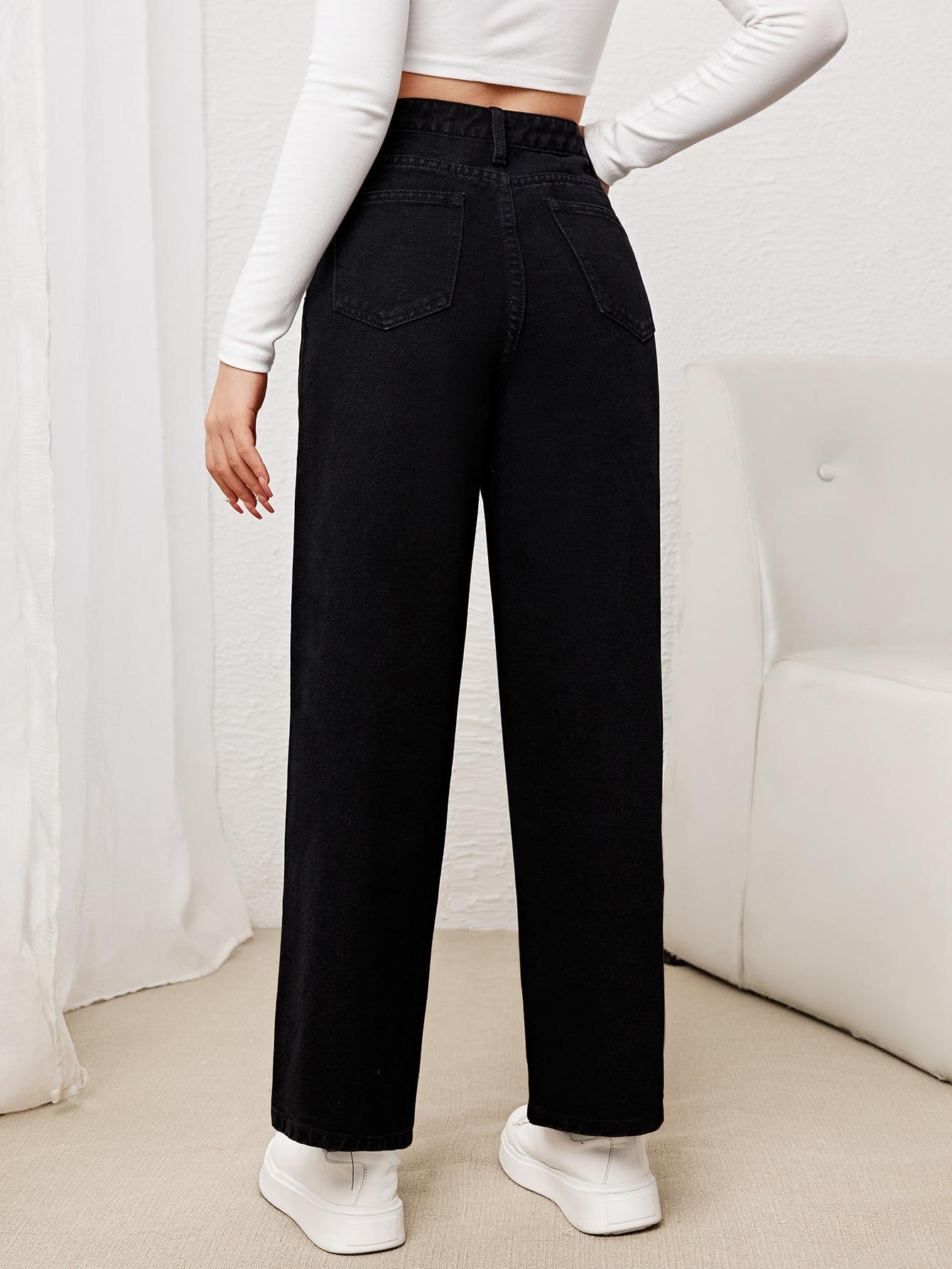 czarne spodnie jeans high waist nadruk szeroka nogawka