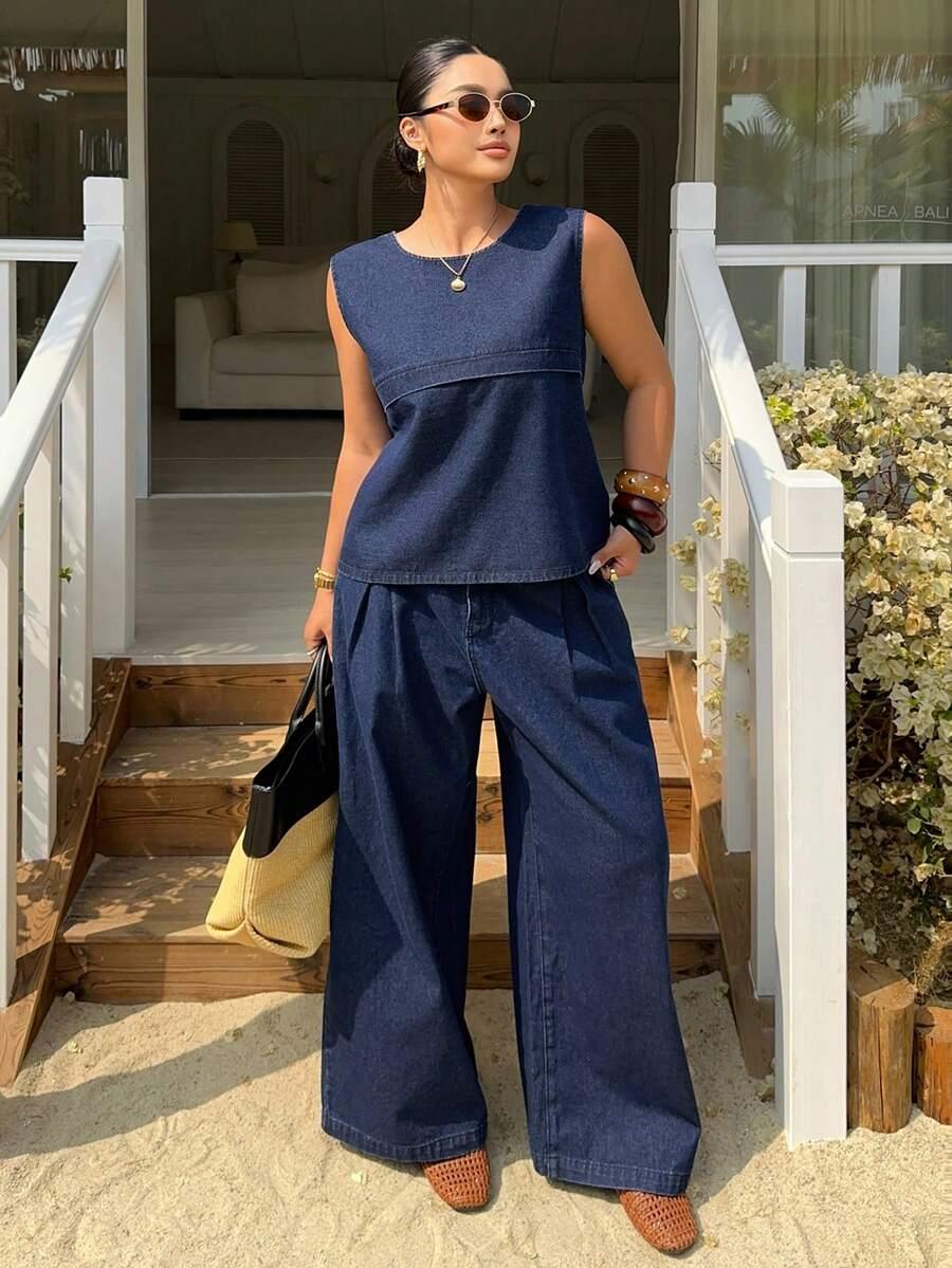 komplet jeans spodnie top