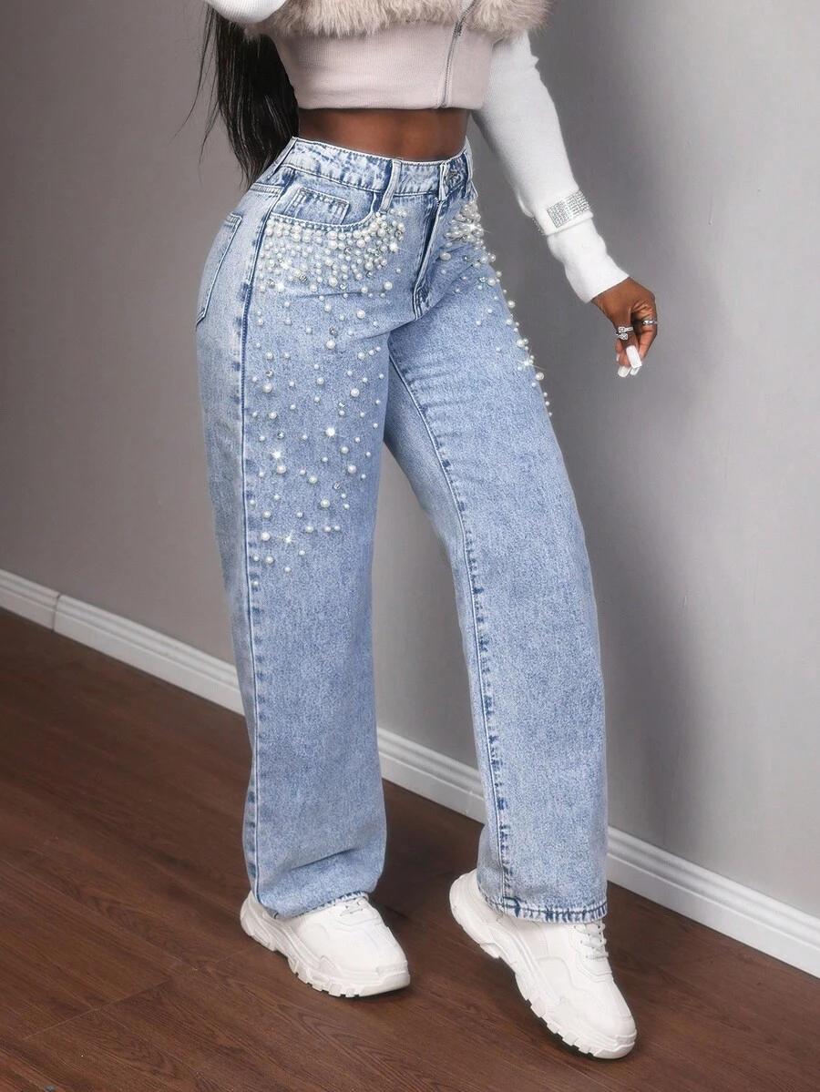 niebieskie spodnie jeans perełki