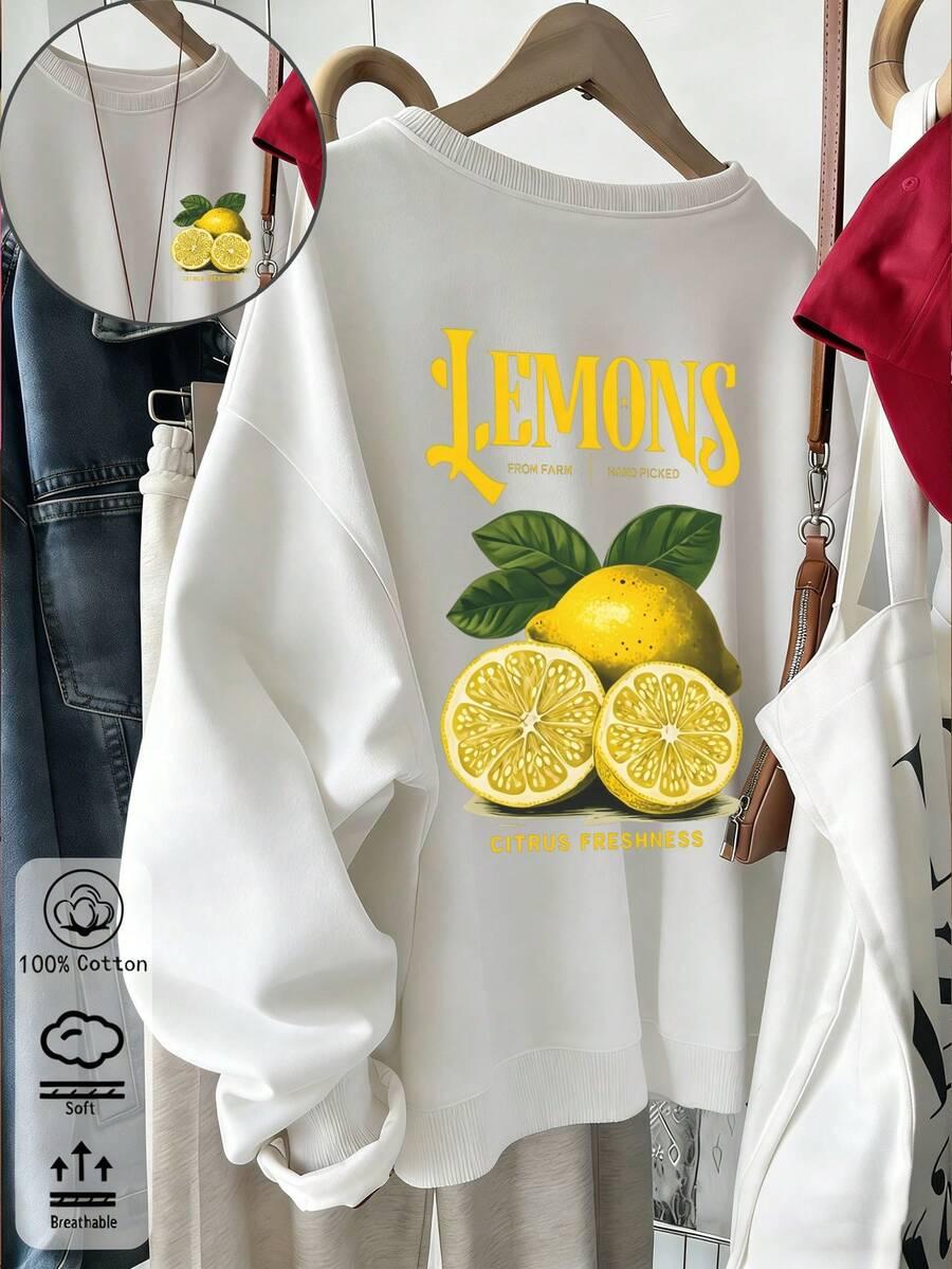 BIAŁA BLUZA OKRĄGŁY DEKOLT nadruk cytryna