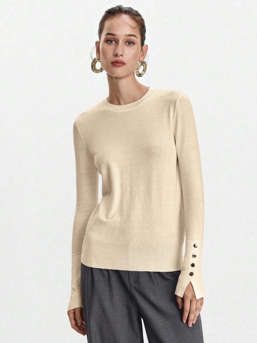 Beżowy sweter okrągły dekolt 