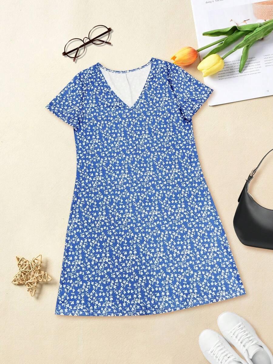 MINI SUKIENKA WZÓR KWIATY v neck