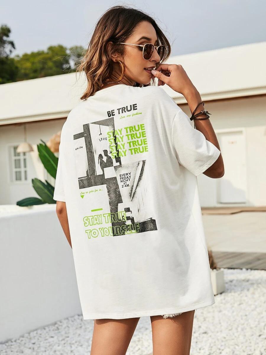 biały t-shirt okrągły dekolt print
