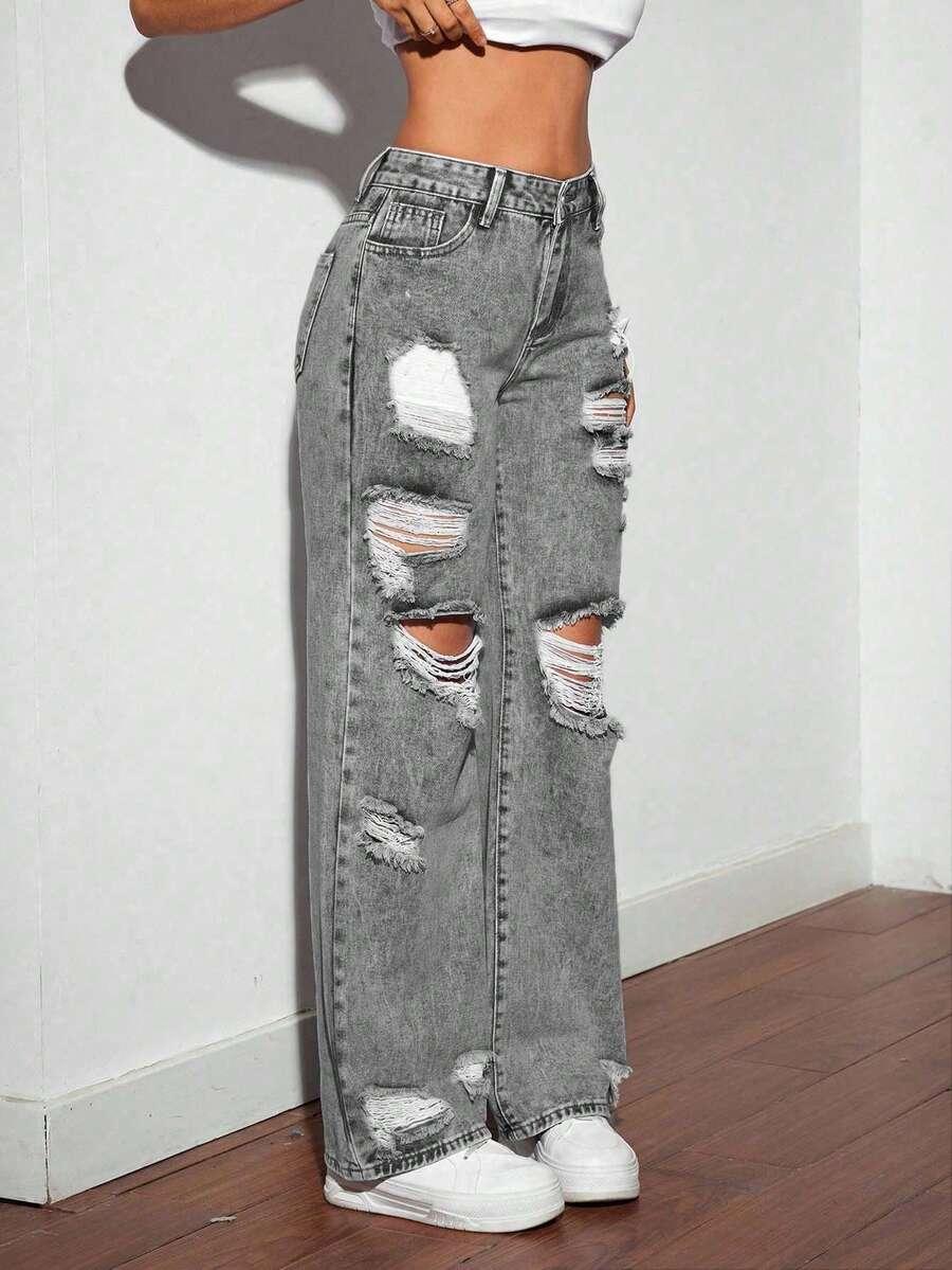 SZARE SPODNIE JEANS przetarcia