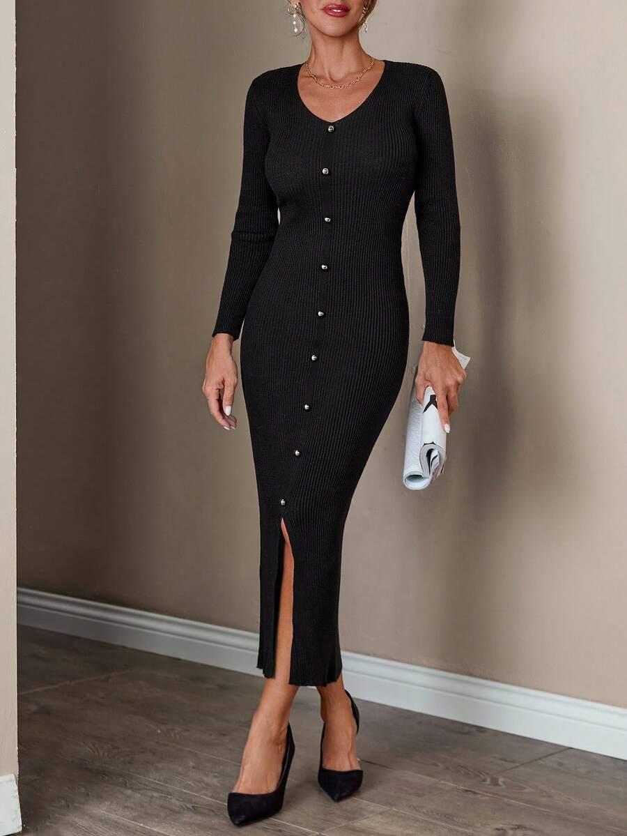 dzianinowa sukienka v neck guziki