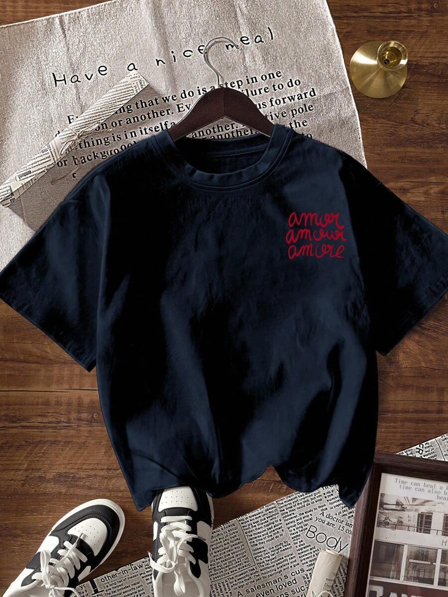 granatowy t-shirt nadruk okrągły dekolt
