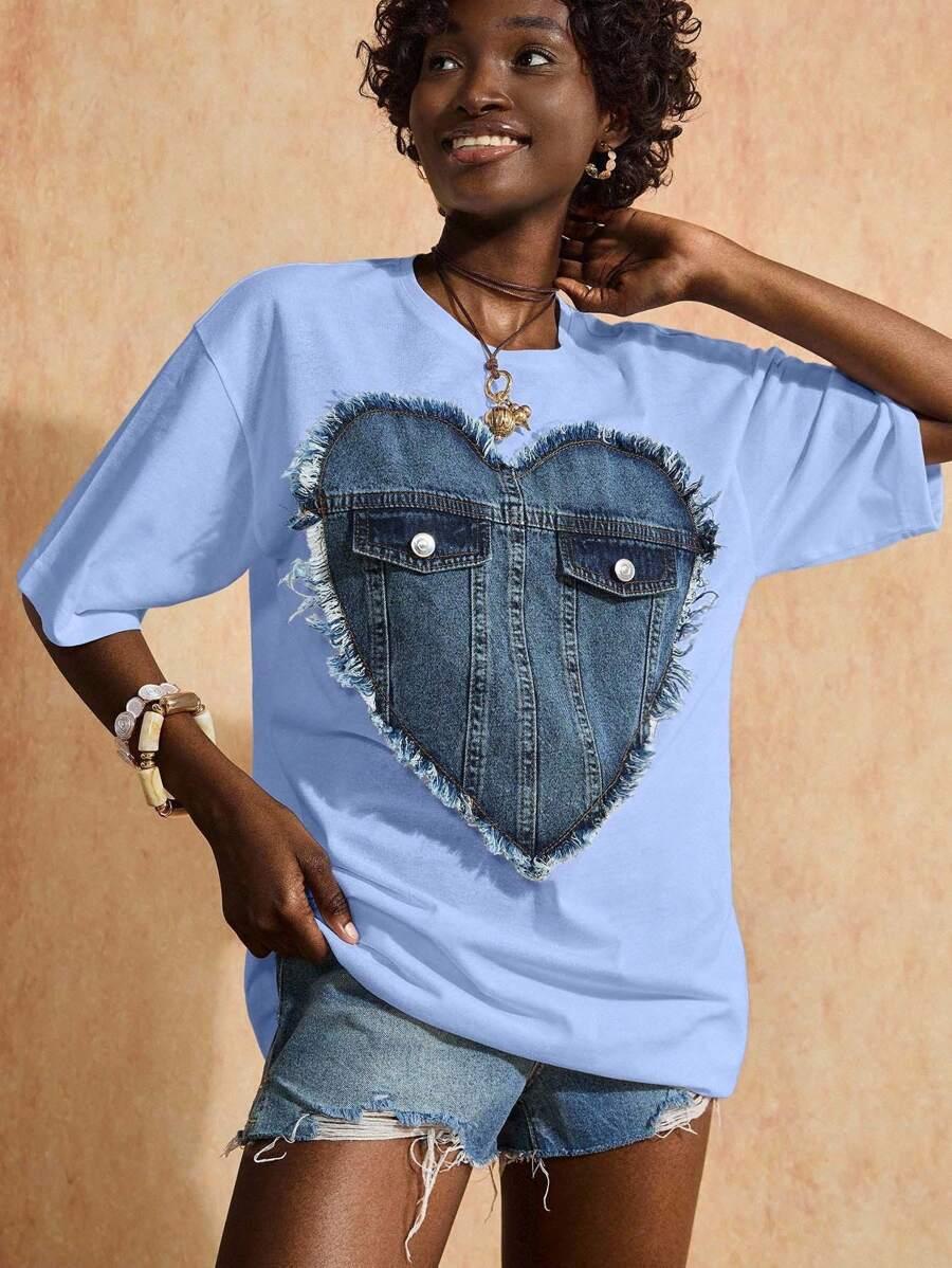 NIEBIESKI T-SHIRT OKRĄGŁY DEKOLT