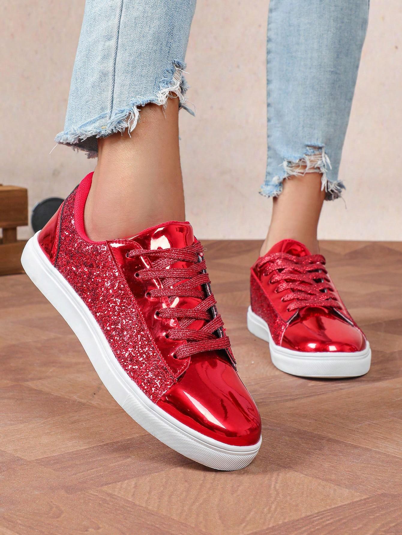 CZERWONE SZNUROWANE BUTY SPORTOWE POŁYSK 