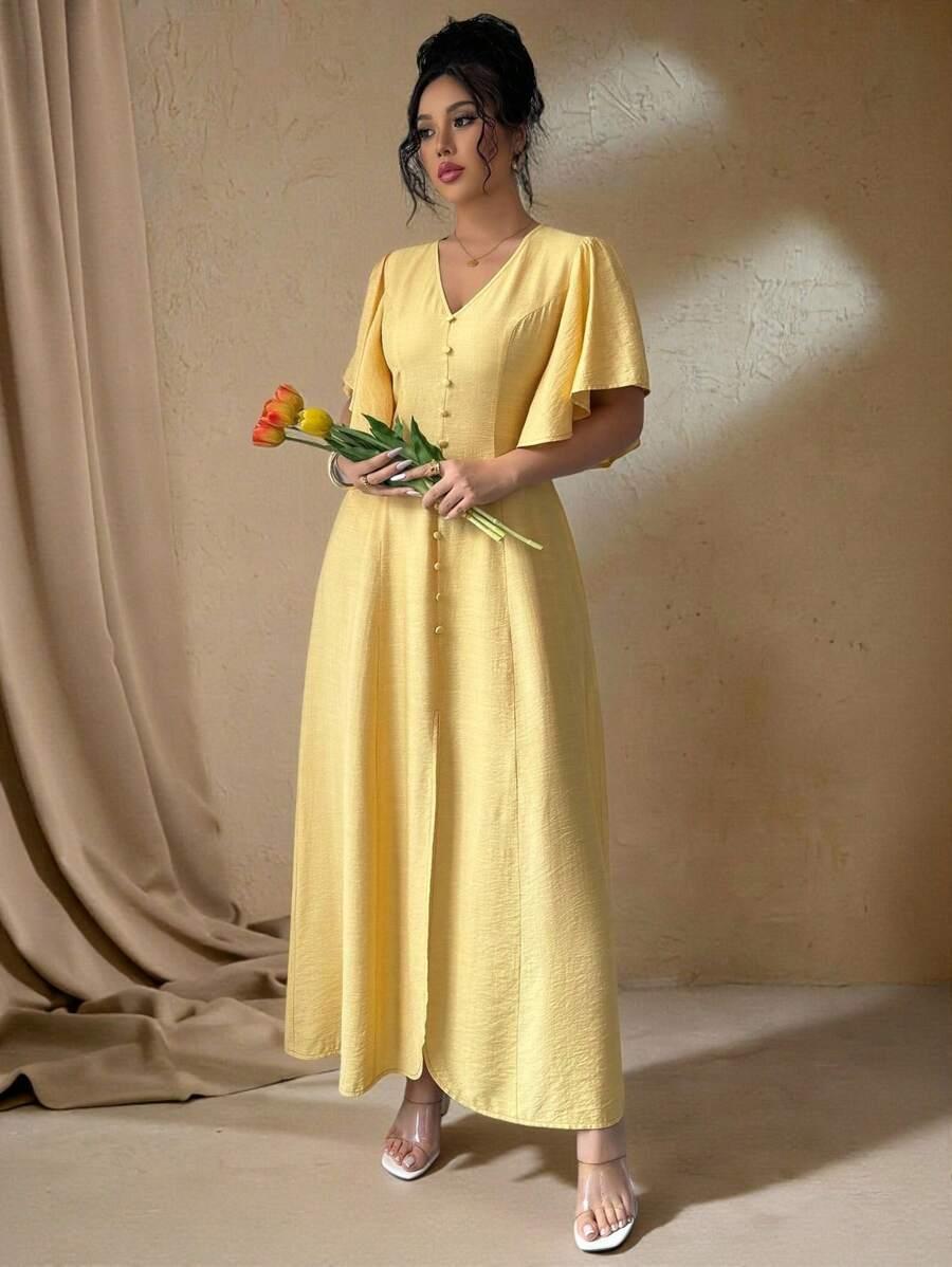 ŻÓŁTA SUKIENKA GUZIKI V-NECK