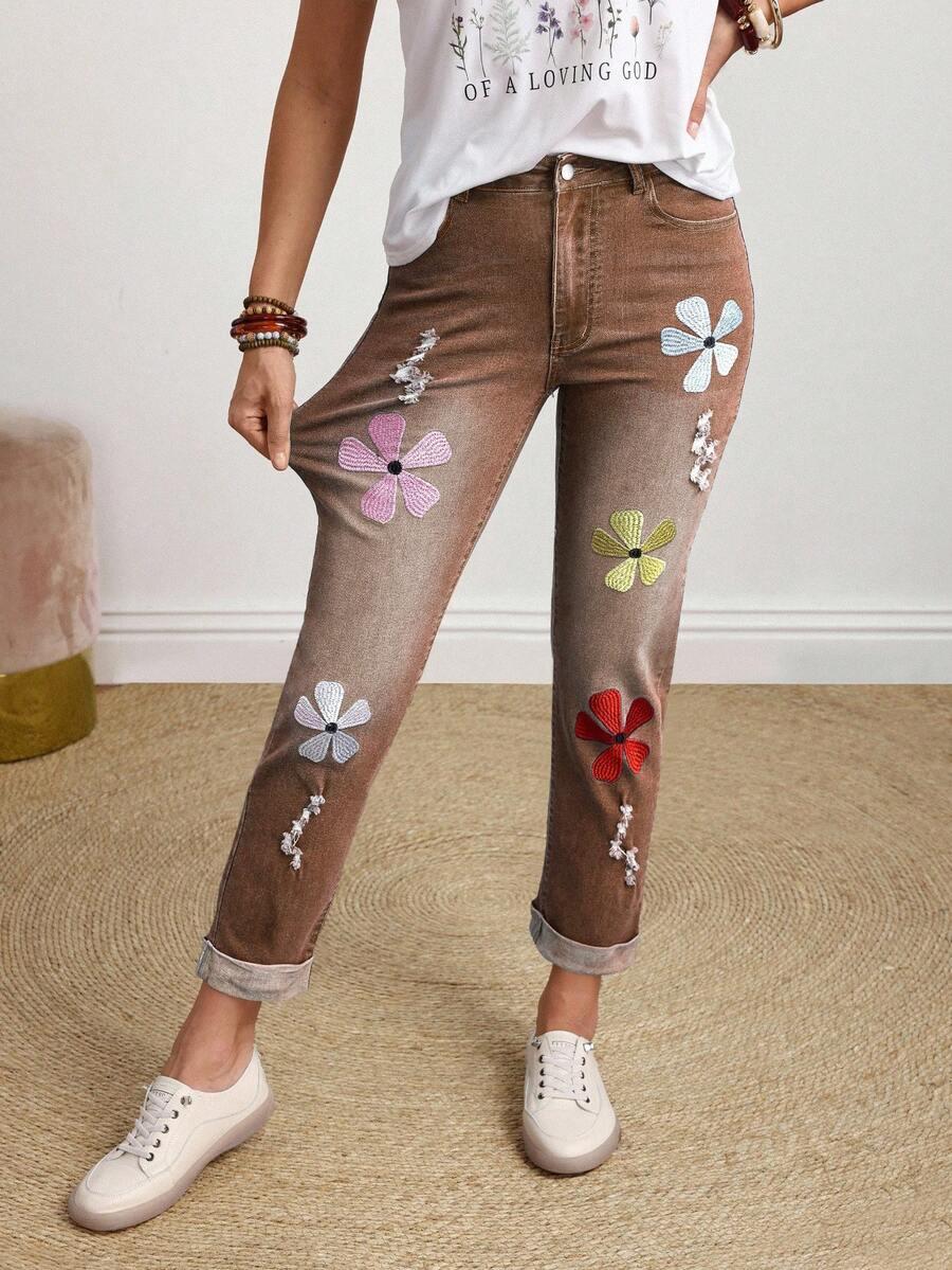 BRĄZOWE SPODNIE JEANS HAFT