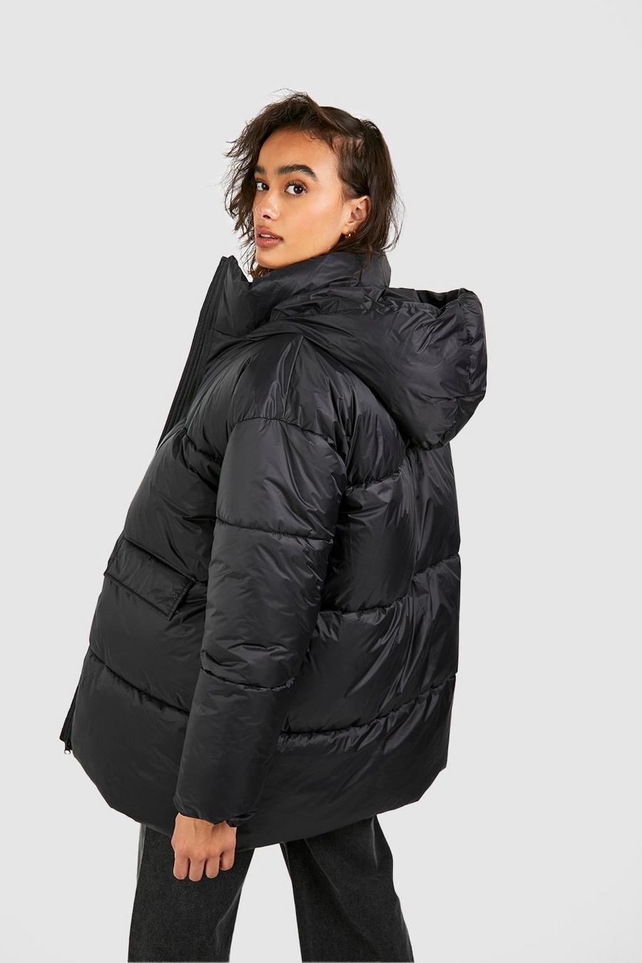 pikowana czarna kurtka puffer oversize kaptur