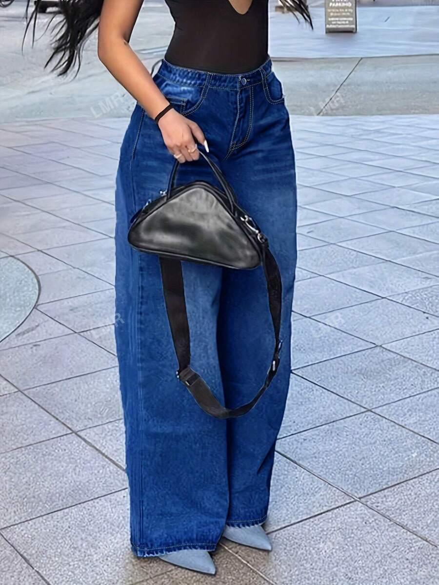 NIEBIESKIE SPODNIE JEANS SZEROKIE NOGAWKI KIESZENIE