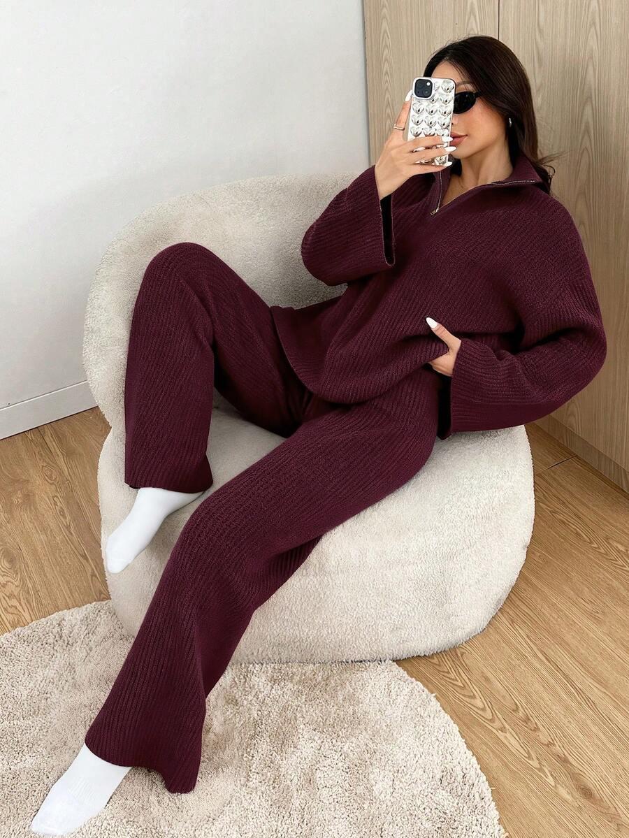 fioletowy komplet sweter spodnie 