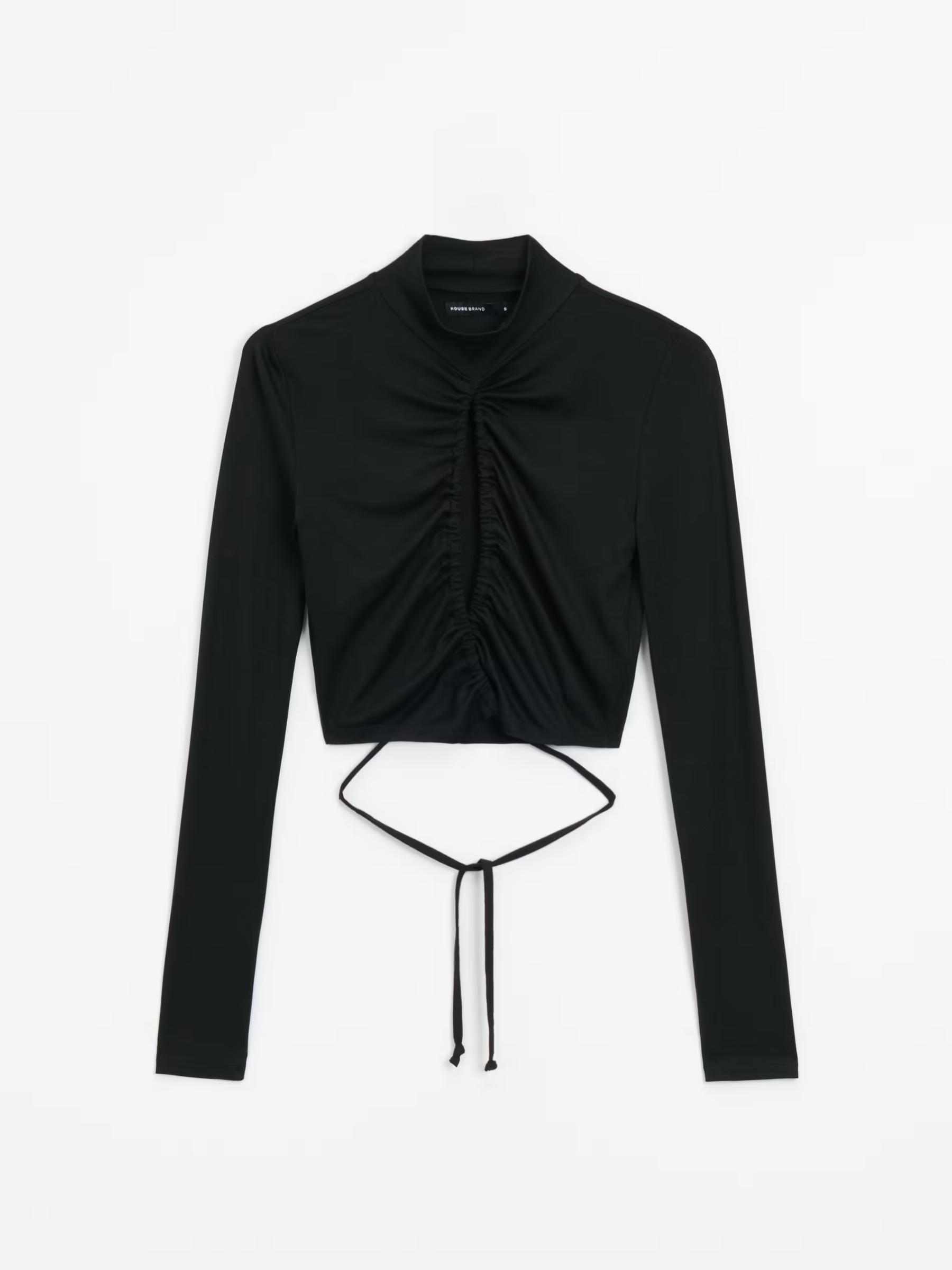 CZARNY CROP TOP DŁUGI RĘKAW WYCIĘCIE WIĄZANIE