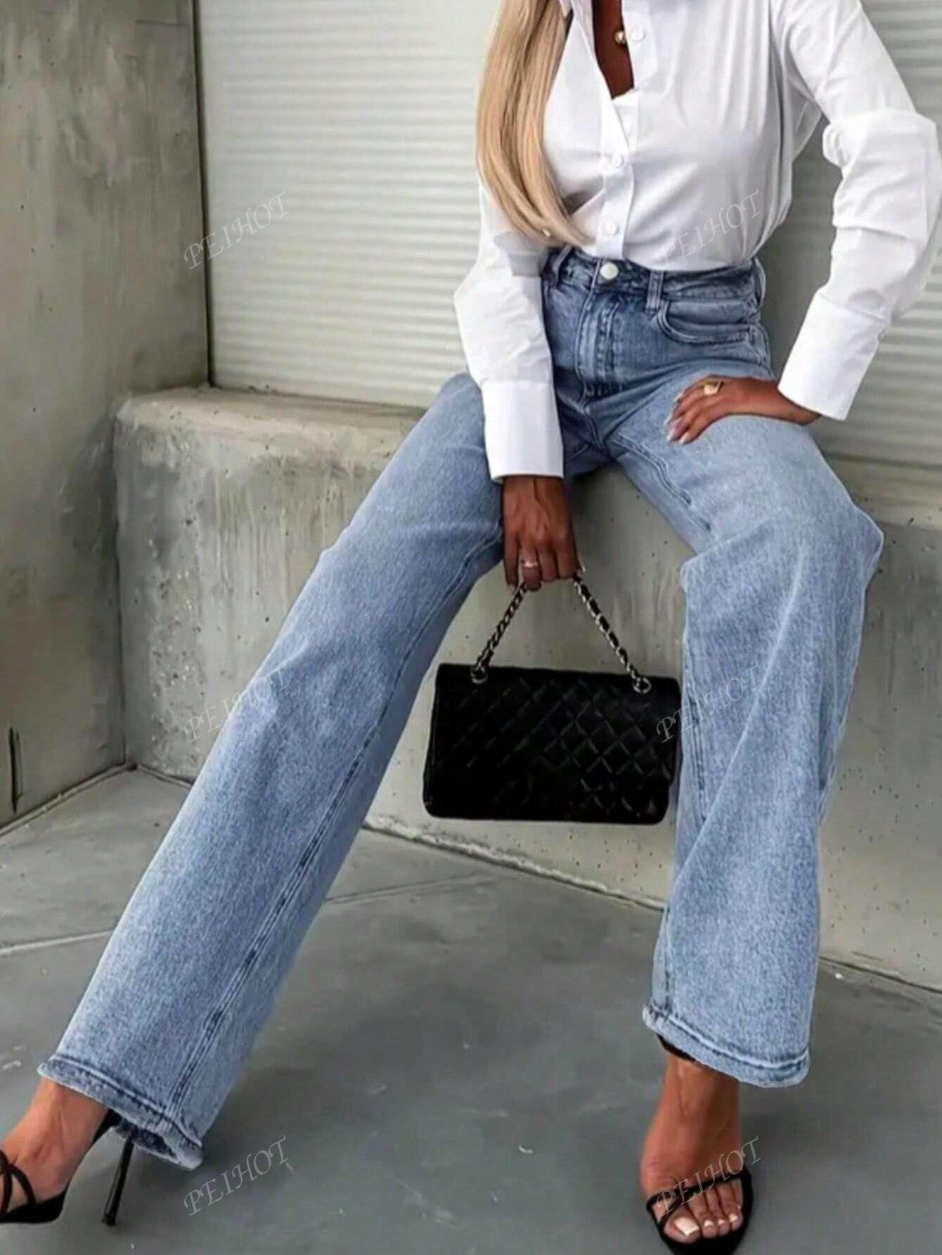 niebieskie spodnie jeans prosta nogawka