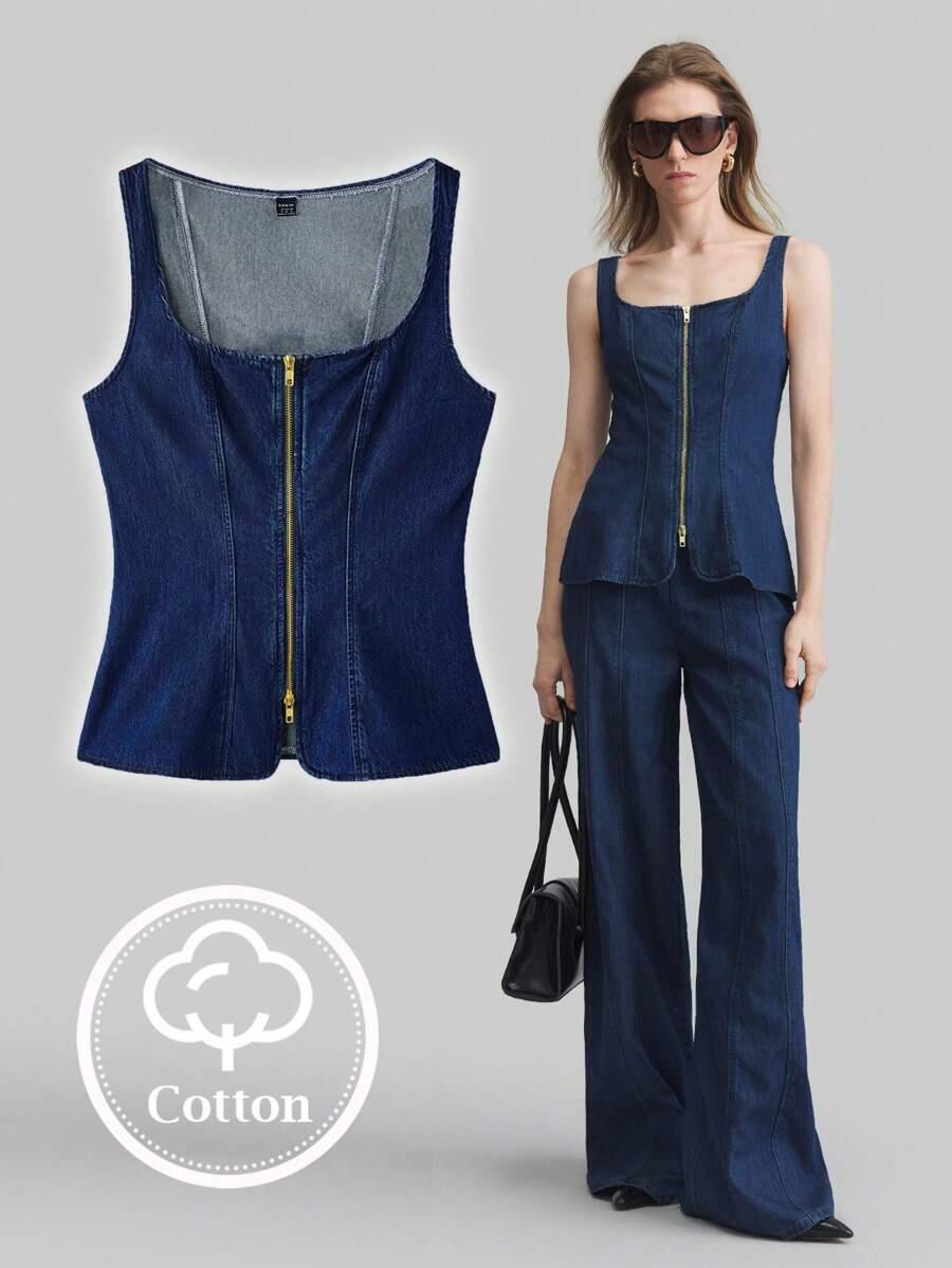 TOP DAMSKI JEANSOWY BEZ RĘKAWÓW MINIMALISTYCZNY 