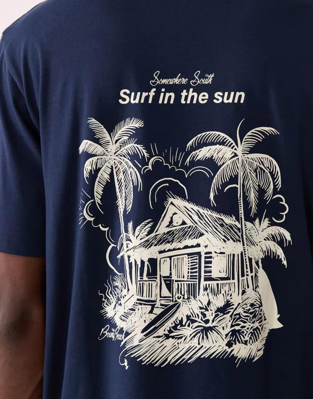 bawełniany granatowy t-shirt okrągły dekolt nadruk