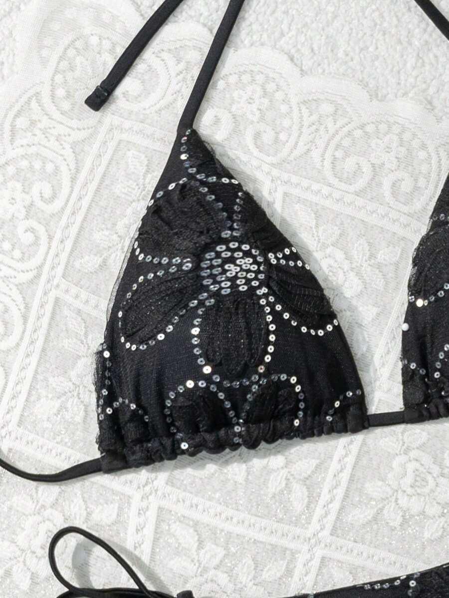 czarny dwuczęściowy strój kąpielowy cekiny