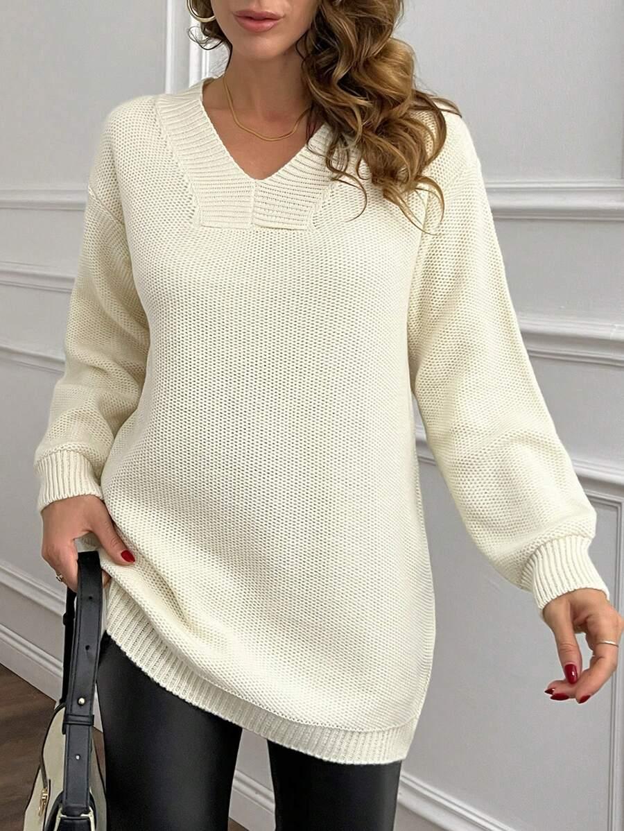 KREMOWY SWETER V-NECK