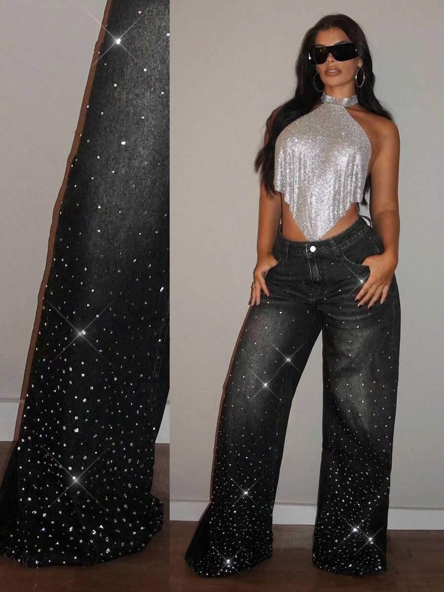 CZARNE SPODNIE JEANS ZDOBIENIE
