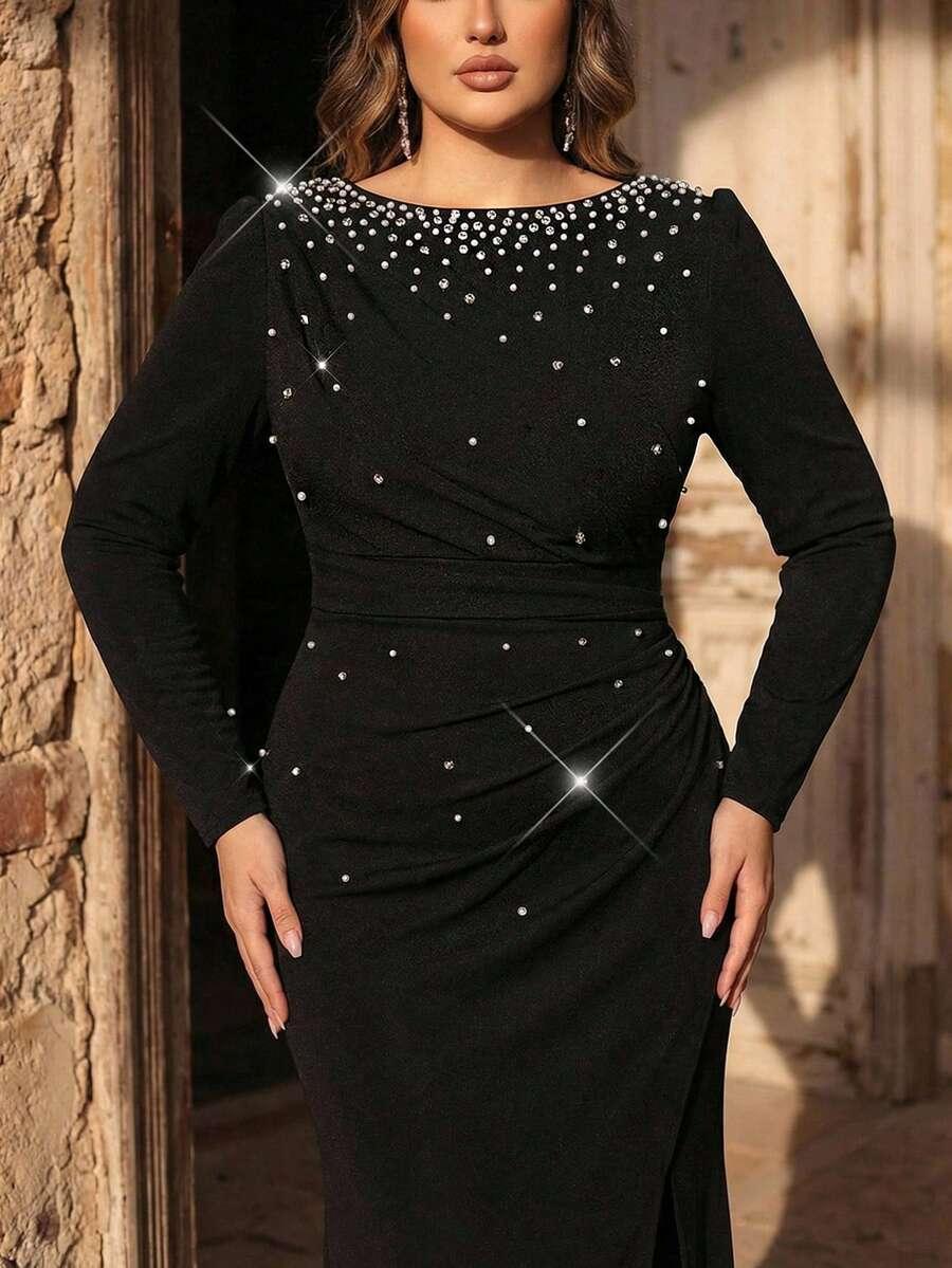 CZARNA MAXI SUKIENKA ZDOBIENIE