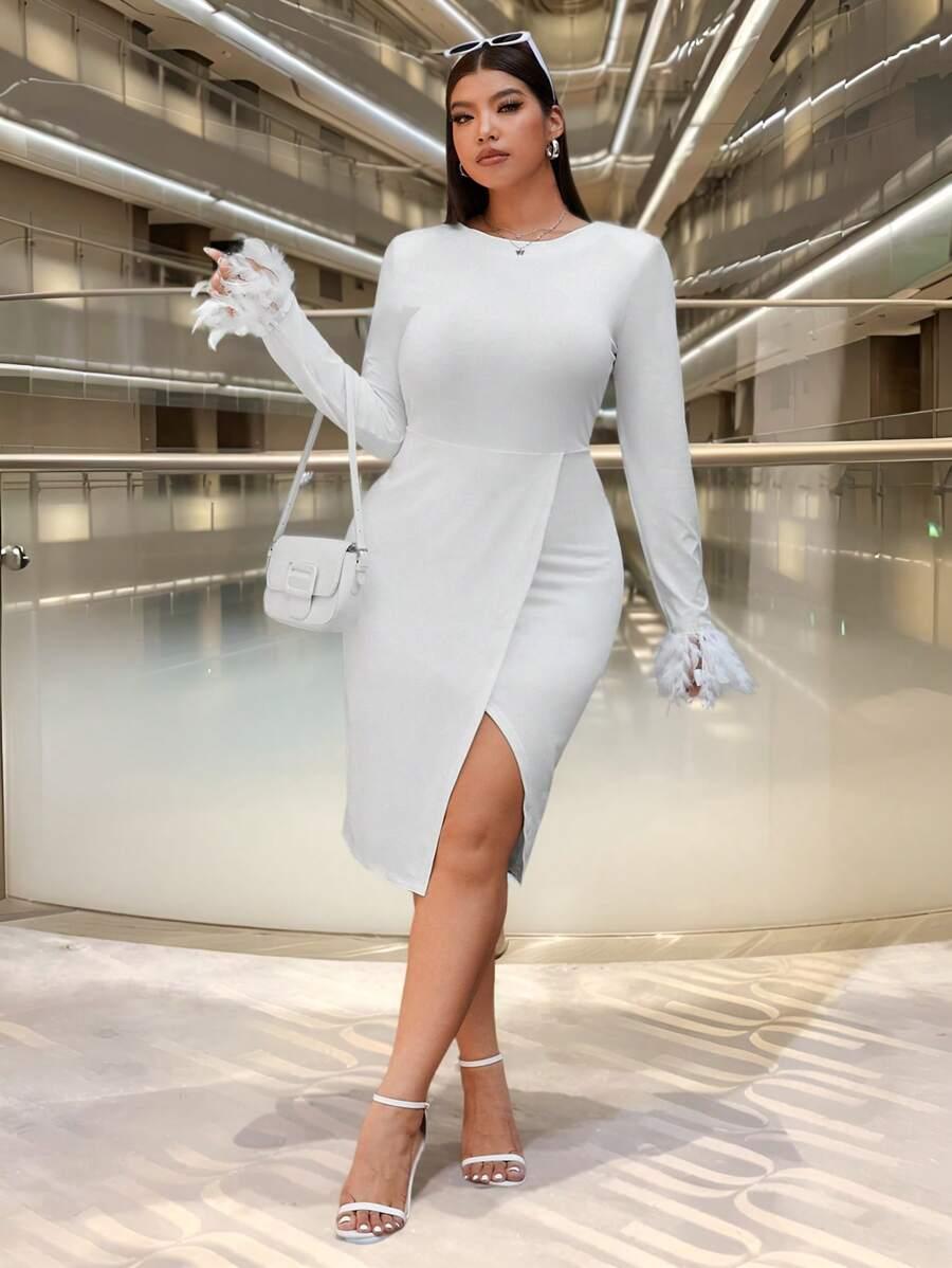 SUKIENKA WIZYTOWA MIDI OŁÓWKOWA PLUS SIZE Z DŁUGIM RĘKAWEM
