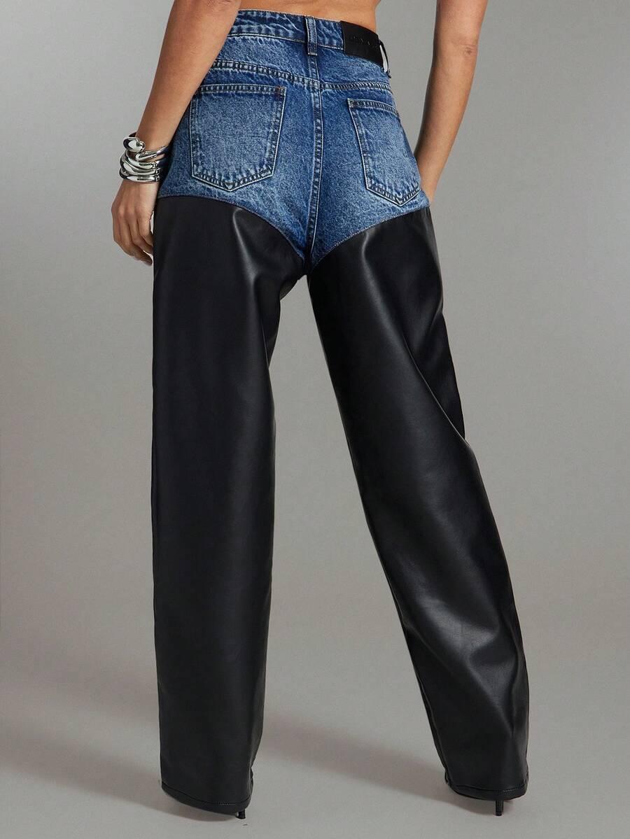 SPODNIE IMITACJA SKÓRY jeans kontrast