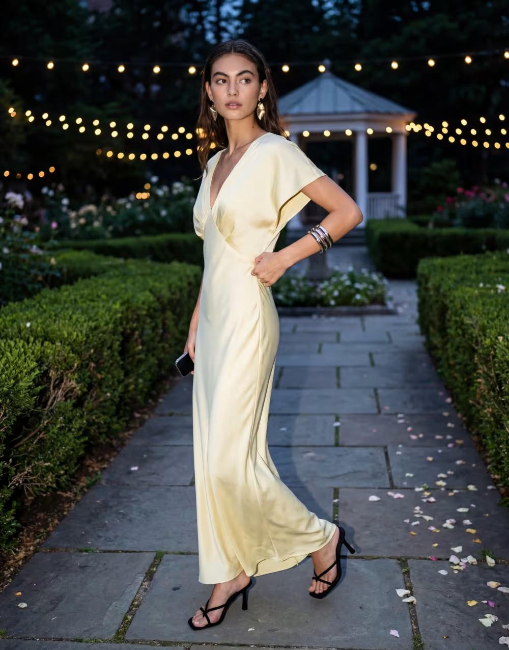 SATYNOWA MAXI SUKIENKA V-NECK
