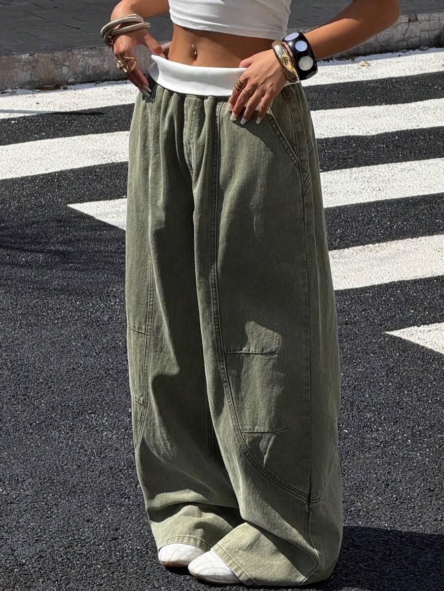 zielone spodnie jeans wide leg kontrast