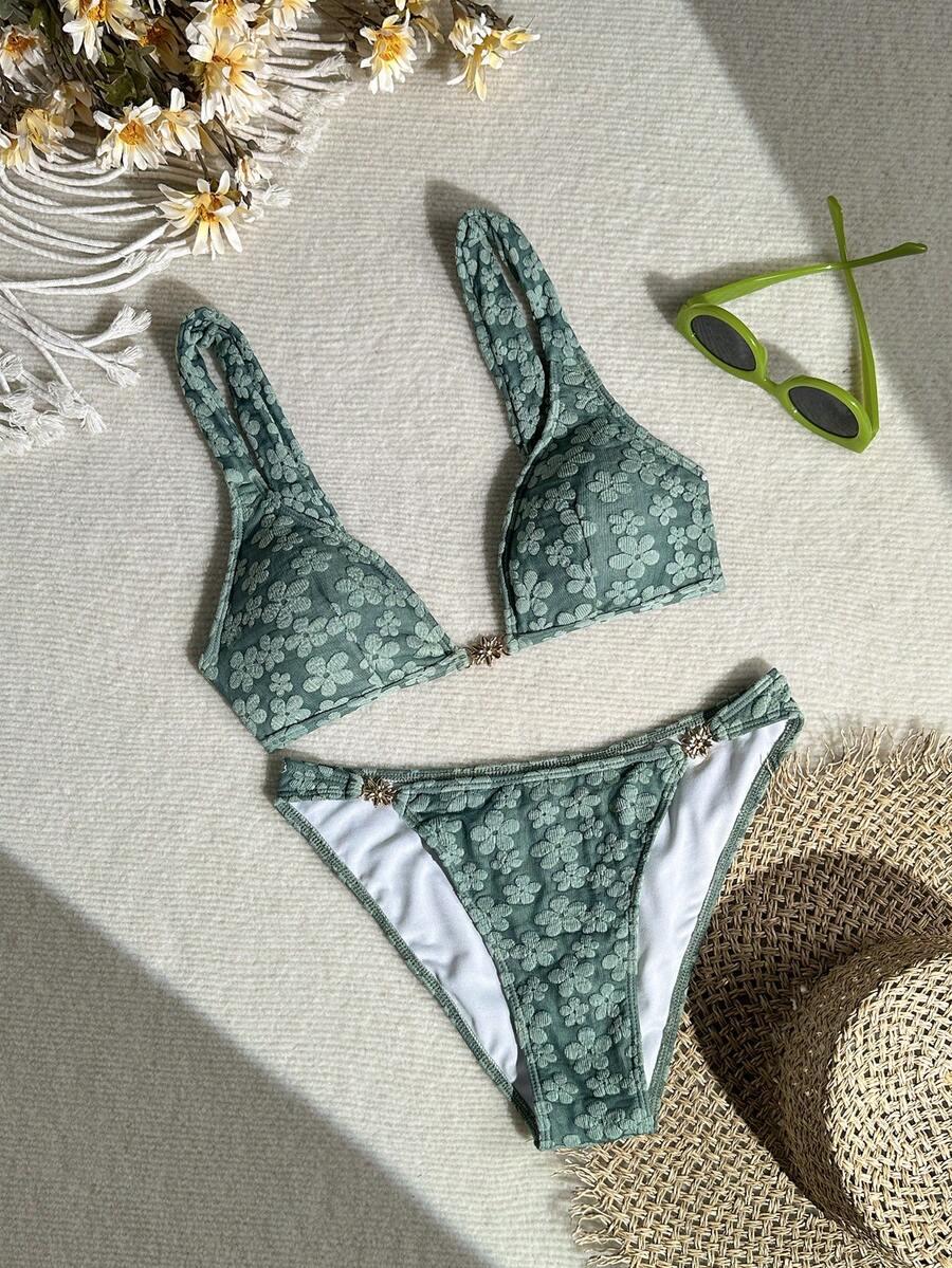ZIELONY KOMPLET BIKINI WZÓR KWIATY