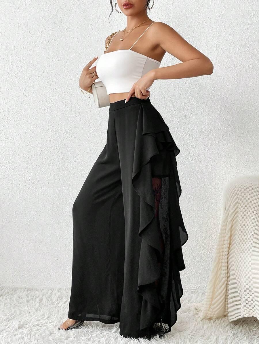 CZARNE ELEGANCKIE SPODNIE KORONKA 
