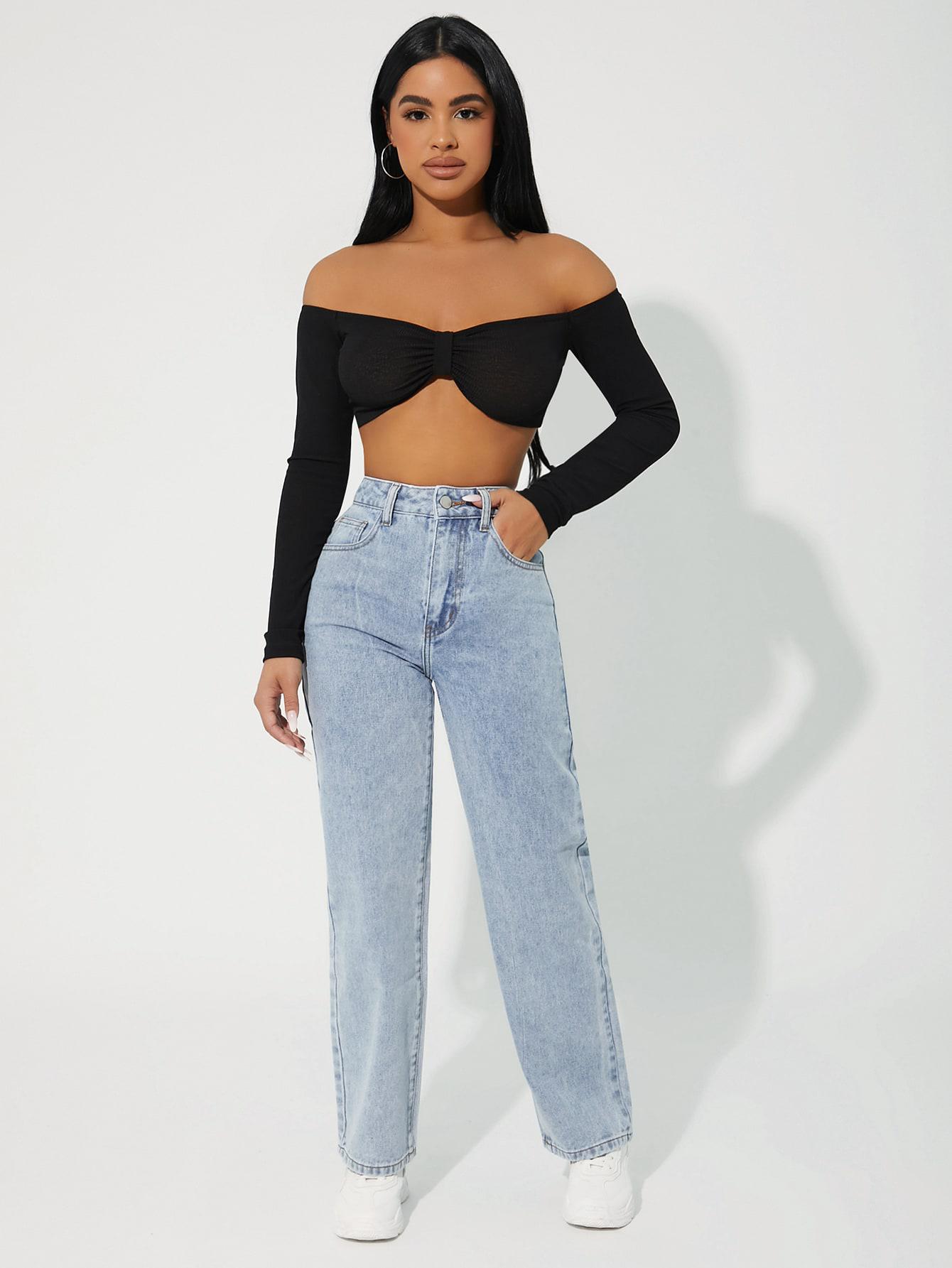 NIEBIESKIE SPODNIE JEANS PROSTA NOGAWKA WYSOKI STAN