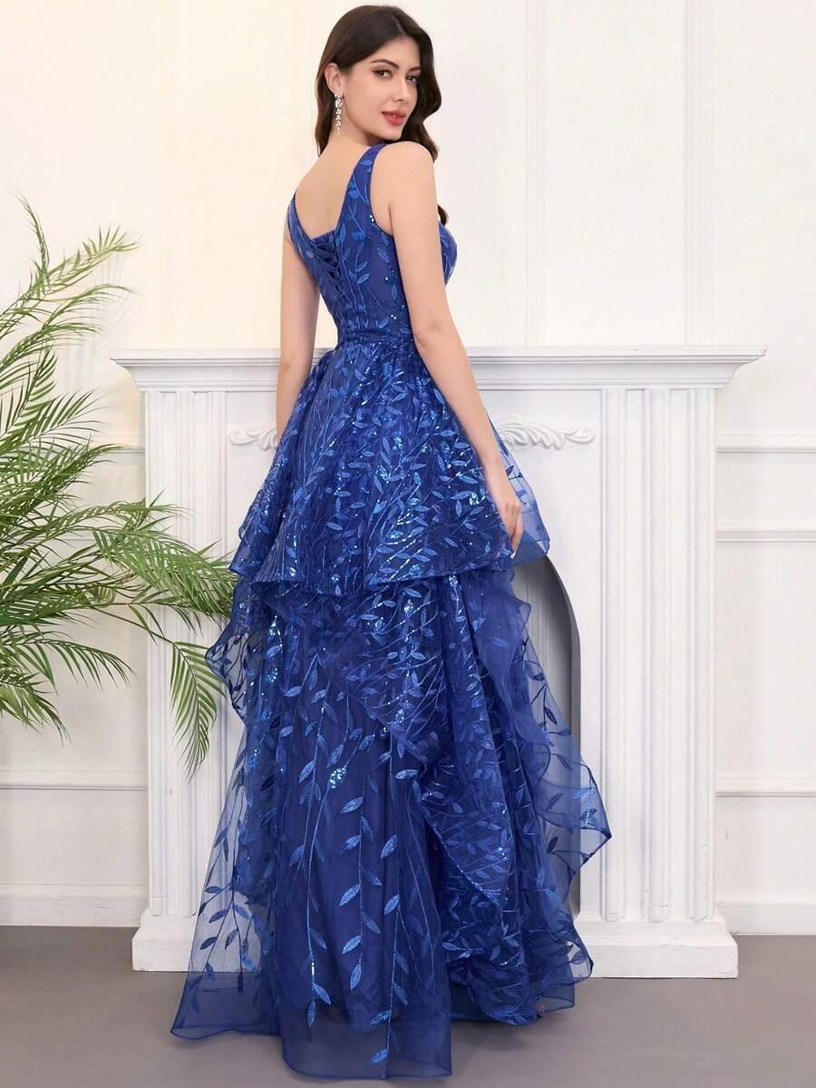 niebieska maxi sukienka zdobienie