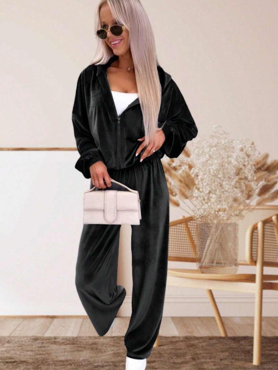 welurowy czarny komplet bluza spodnie