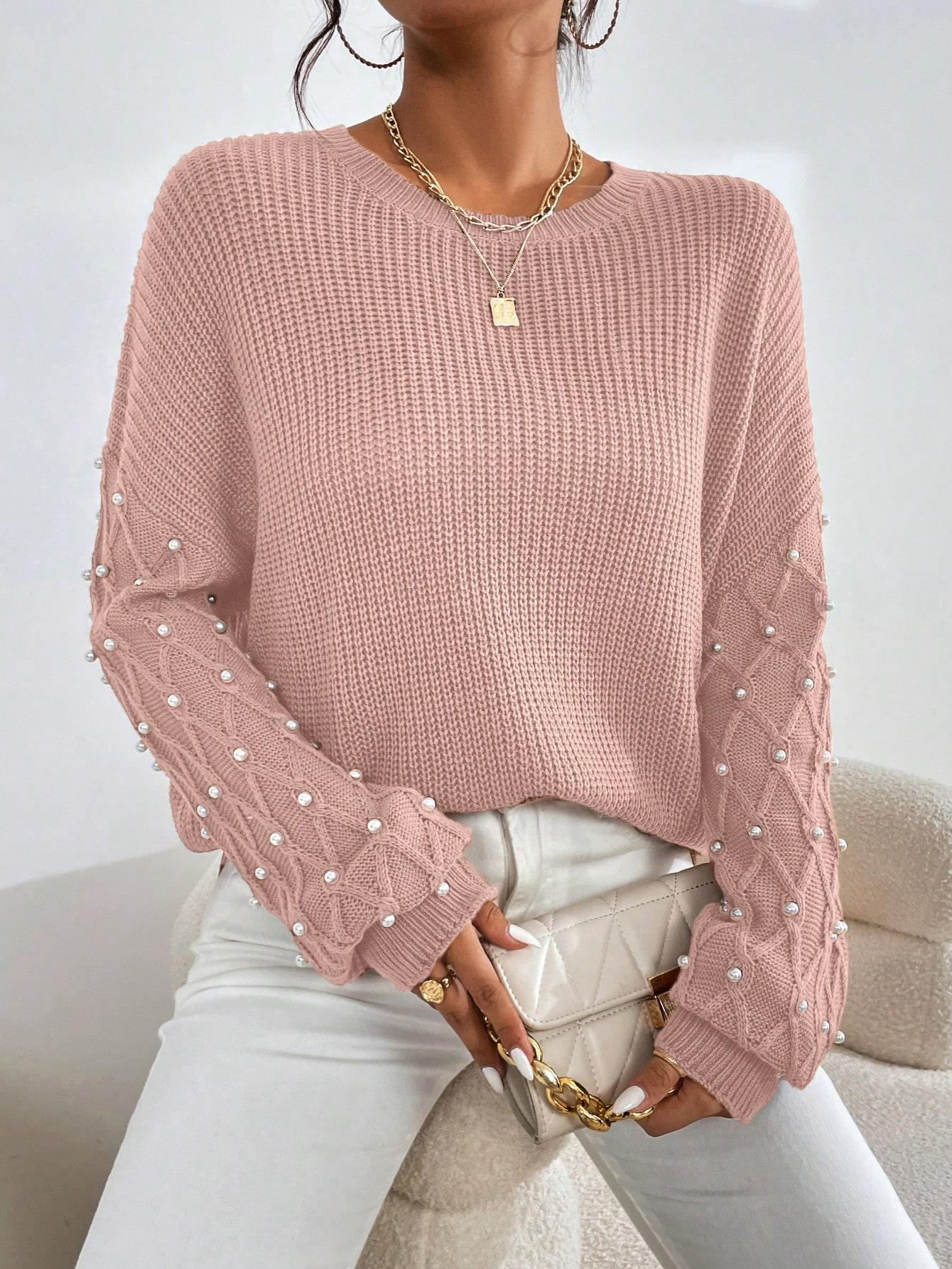 różowy sweter zdobienie perełki