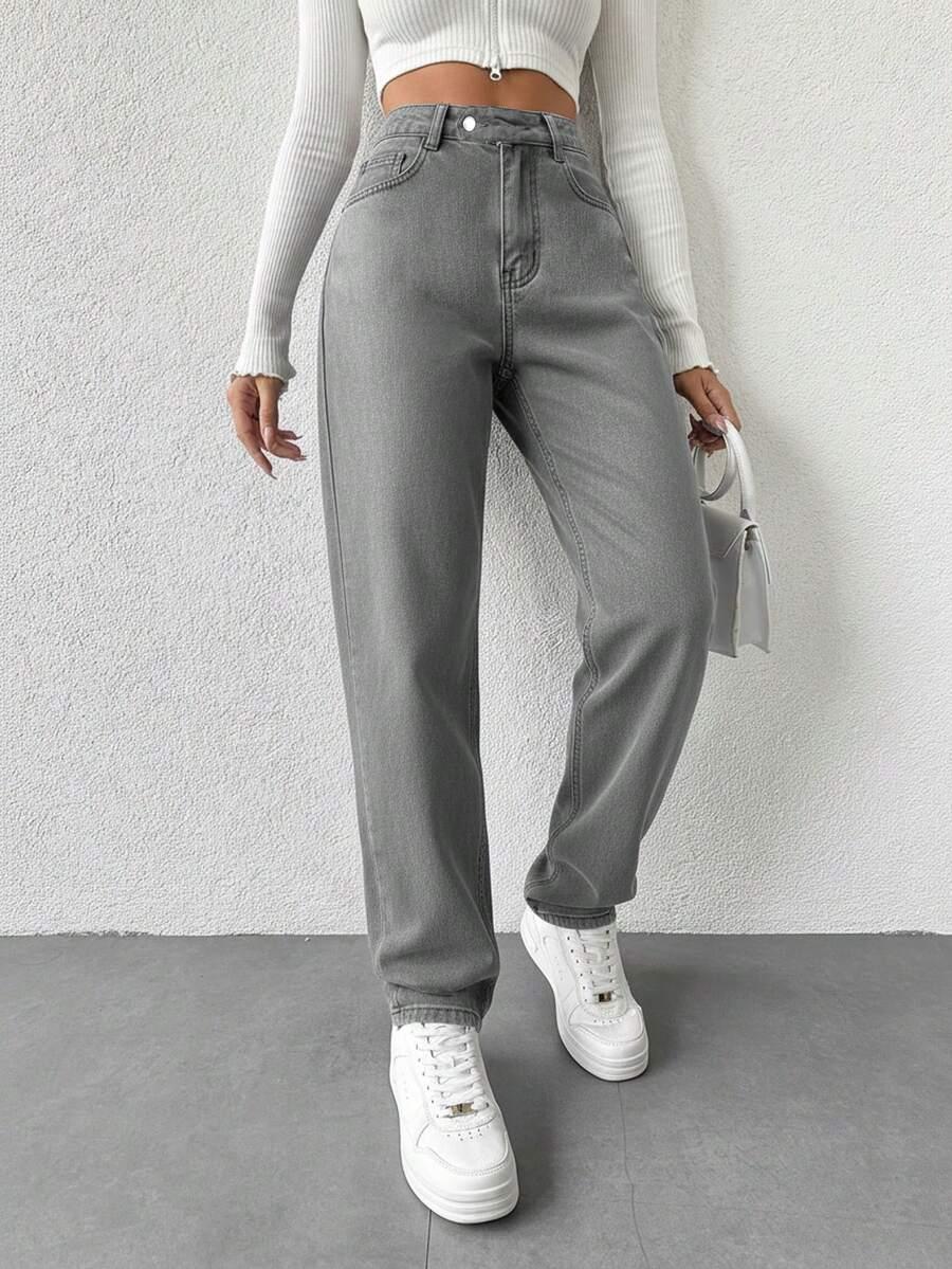 SZARE SPODNIE JEANS WYSOKI STAN