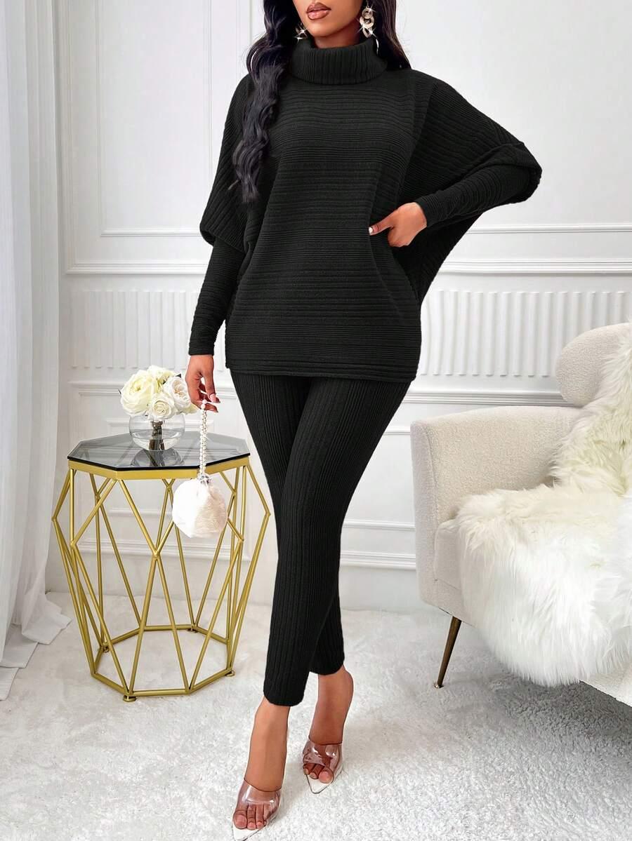 czarny komplet bluzka legginsy dzianina