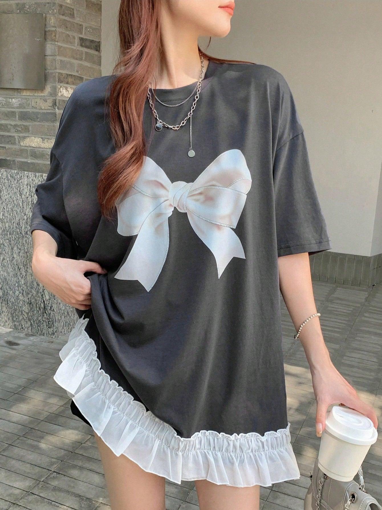 T-SHIRT Z OKRĄGŁYM DEKOLTEM I FALBANKĄ