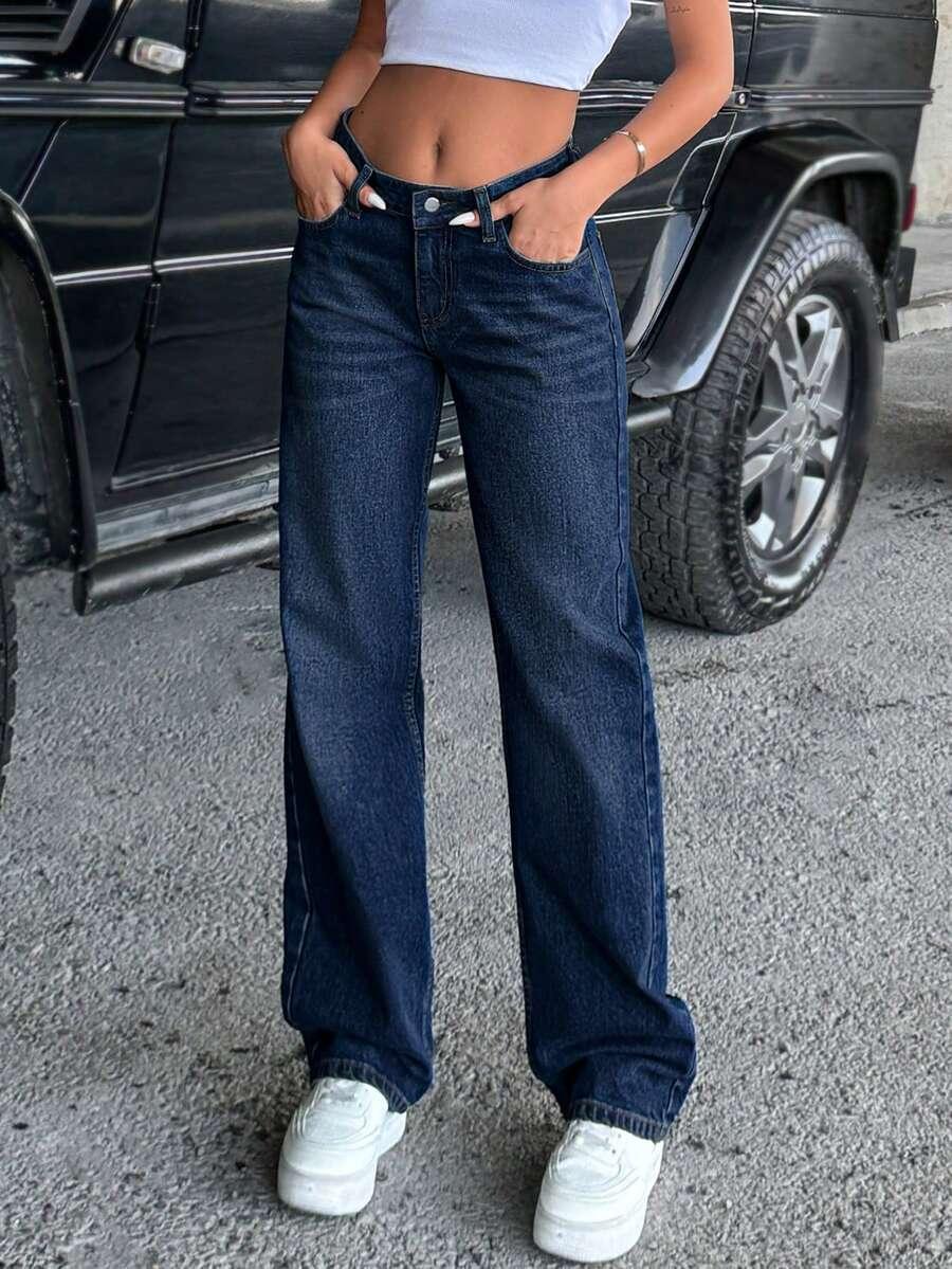 GRANATOWE SPODNIE JEANS PROSTA NOGAWKA 