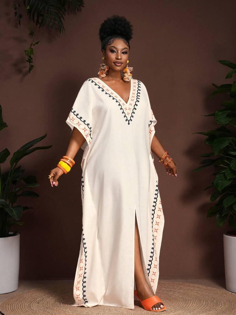 beżowa maxi sukienka v neck wzór 