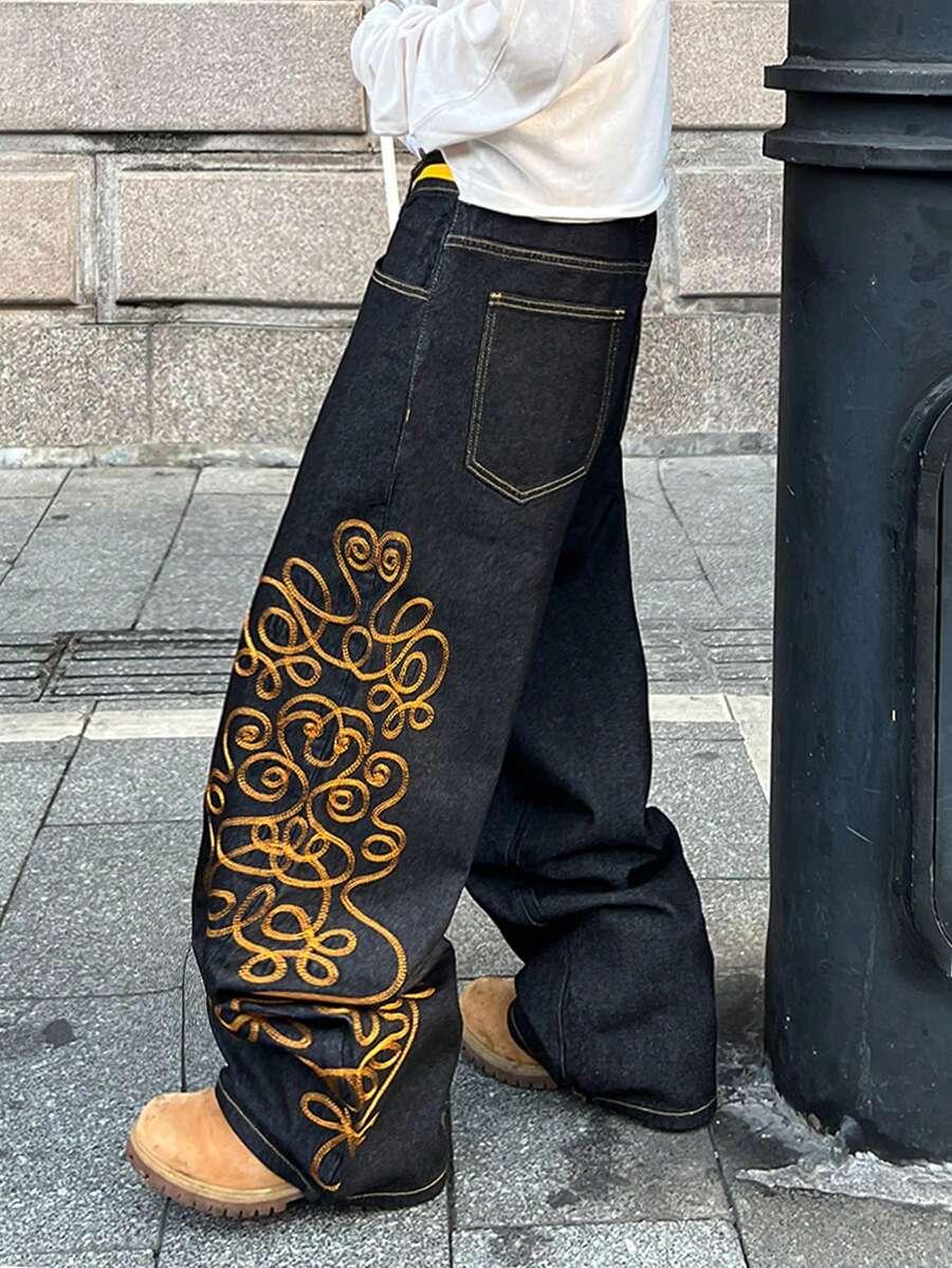 granatowe spodnie jeans zdobienie haft