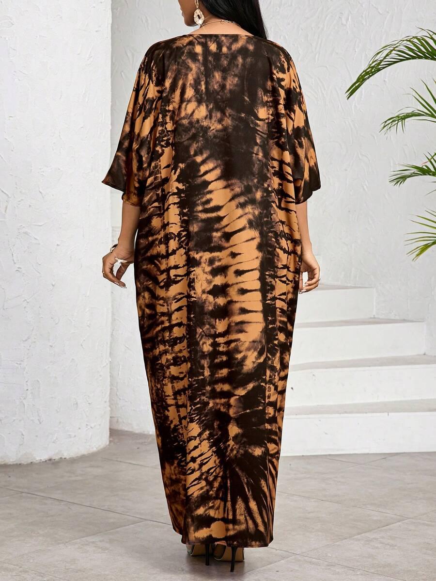 maxi sukienka rozcięcie rękaw 3/4 print v-neck
