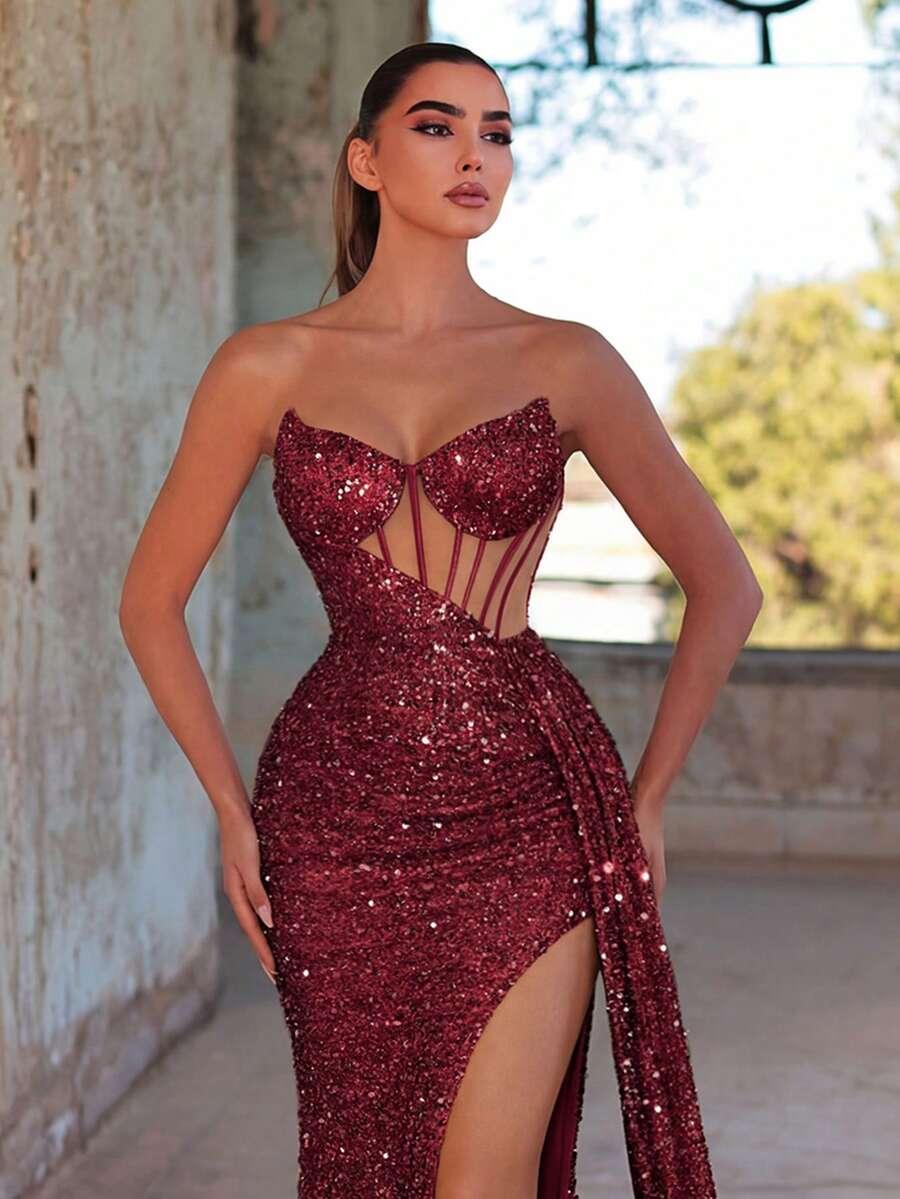 bordowa maxi sukienka cekiny