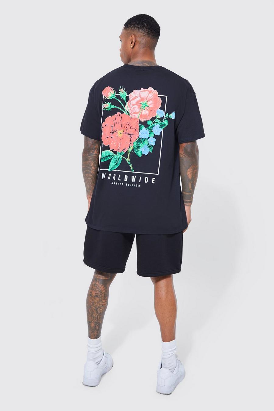 czarny t-shirt oversize print kwiaty