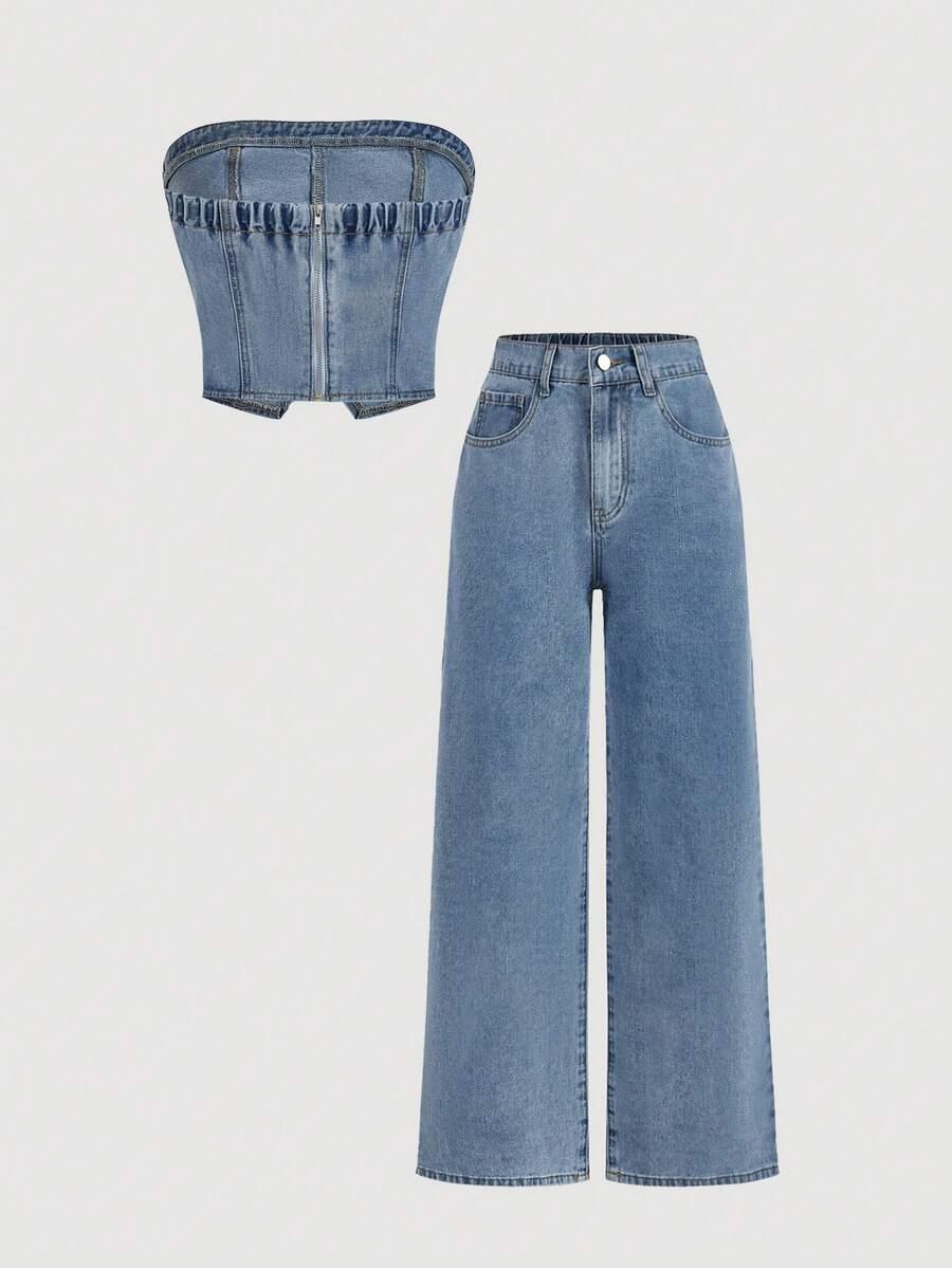 spodnie top komplet jeansowy