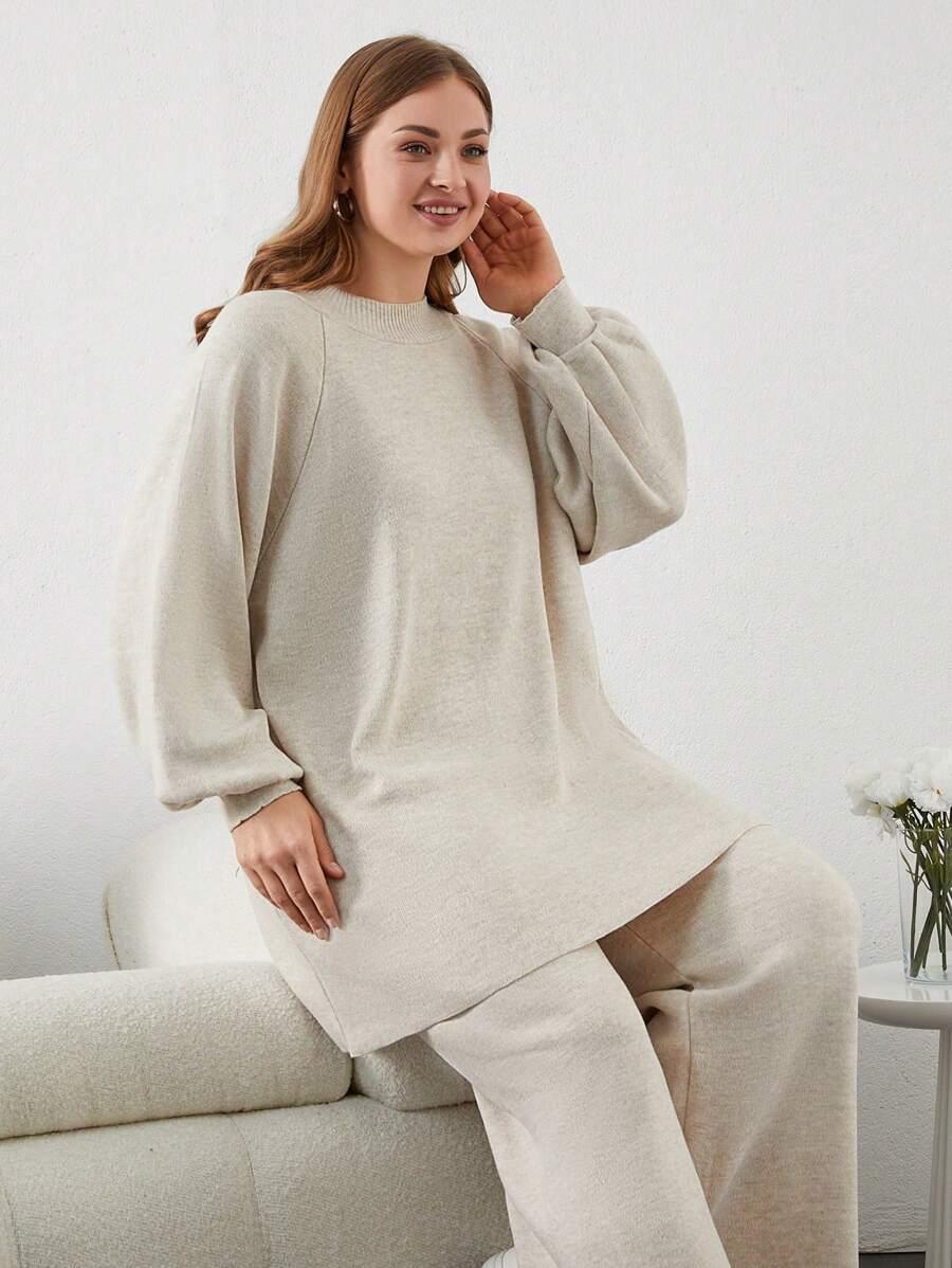 dzianinowy beżowy komplet sweter spodnie
