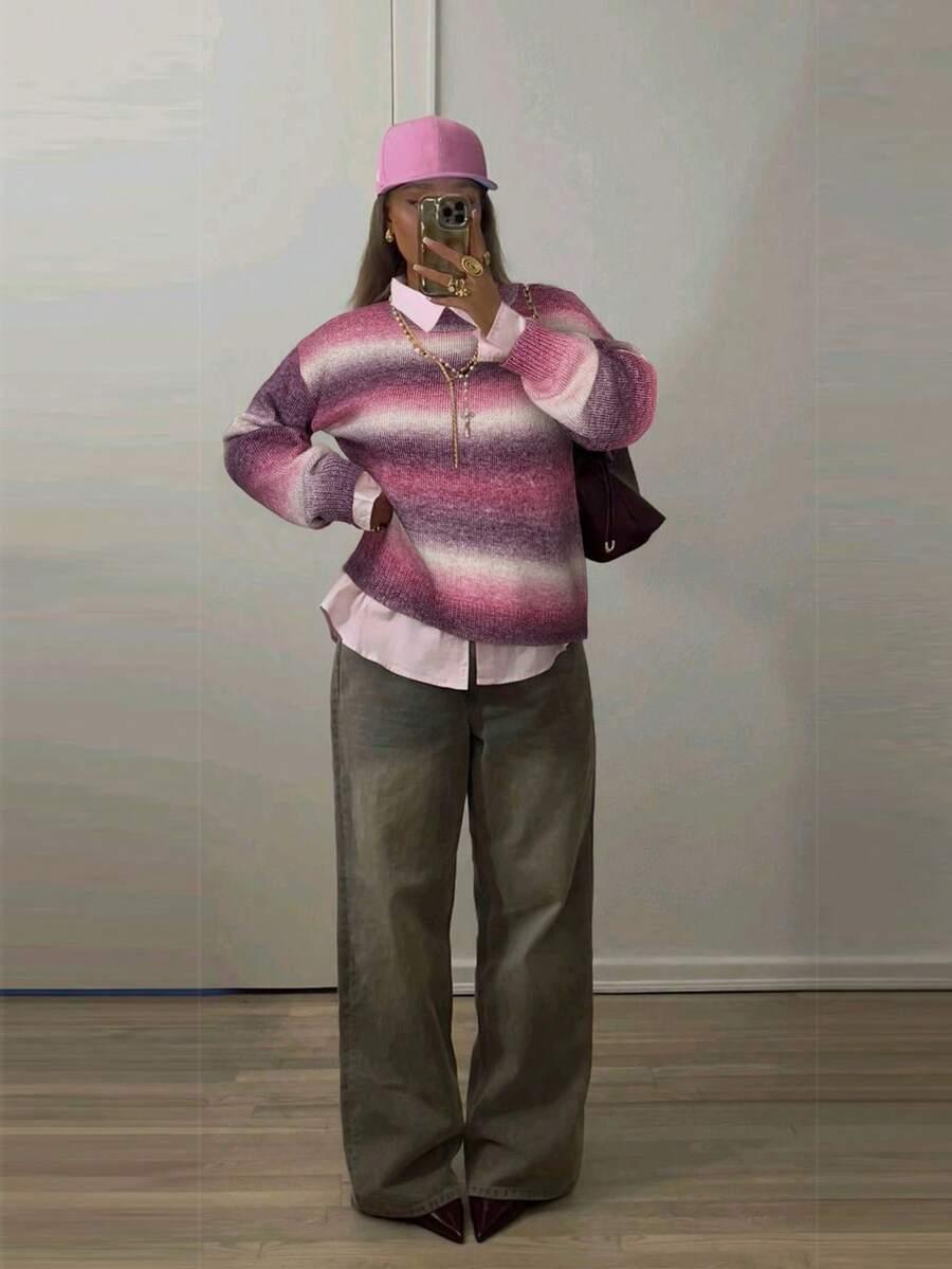 RÓŻOWY SWETER W PASKI domieszka wełny