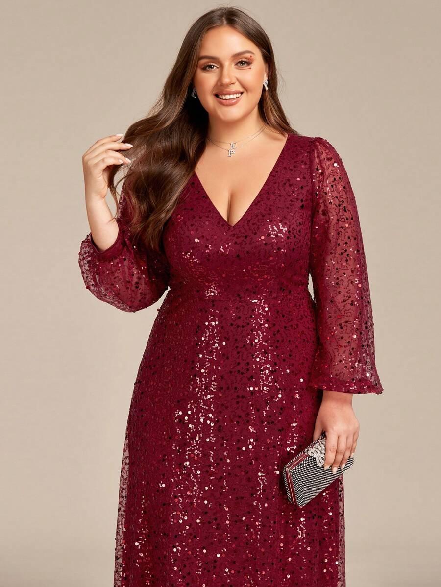 czerwona maxi sukienka zdobienie cekiny v-neck