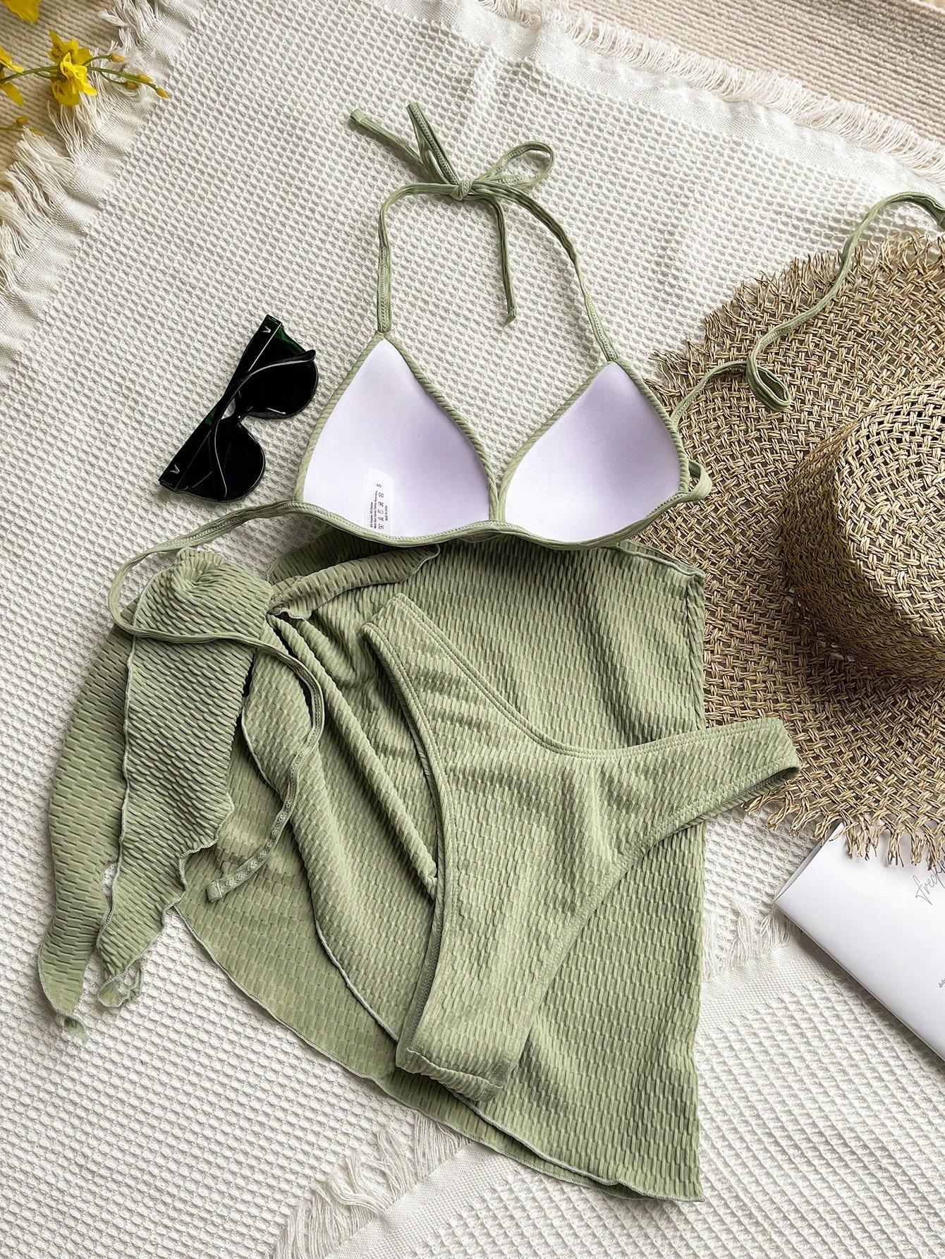 ZIELONY KOMPLET BIKINI PAREO 3-PACK